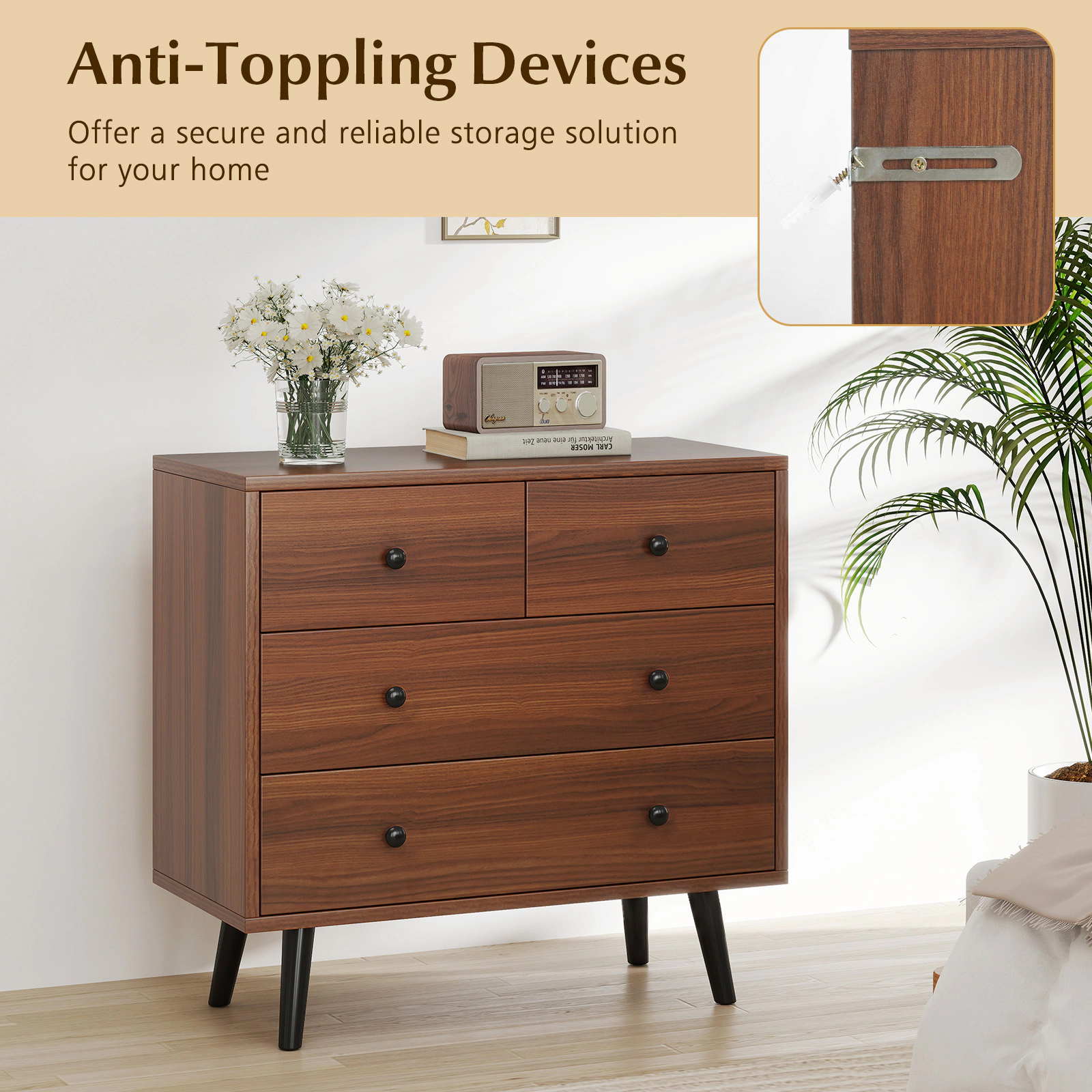 SUGIFT Wide Wooden Dresser with 4 Drawers 110-lb Countertop Capacity Bedroom Living Room Walnut