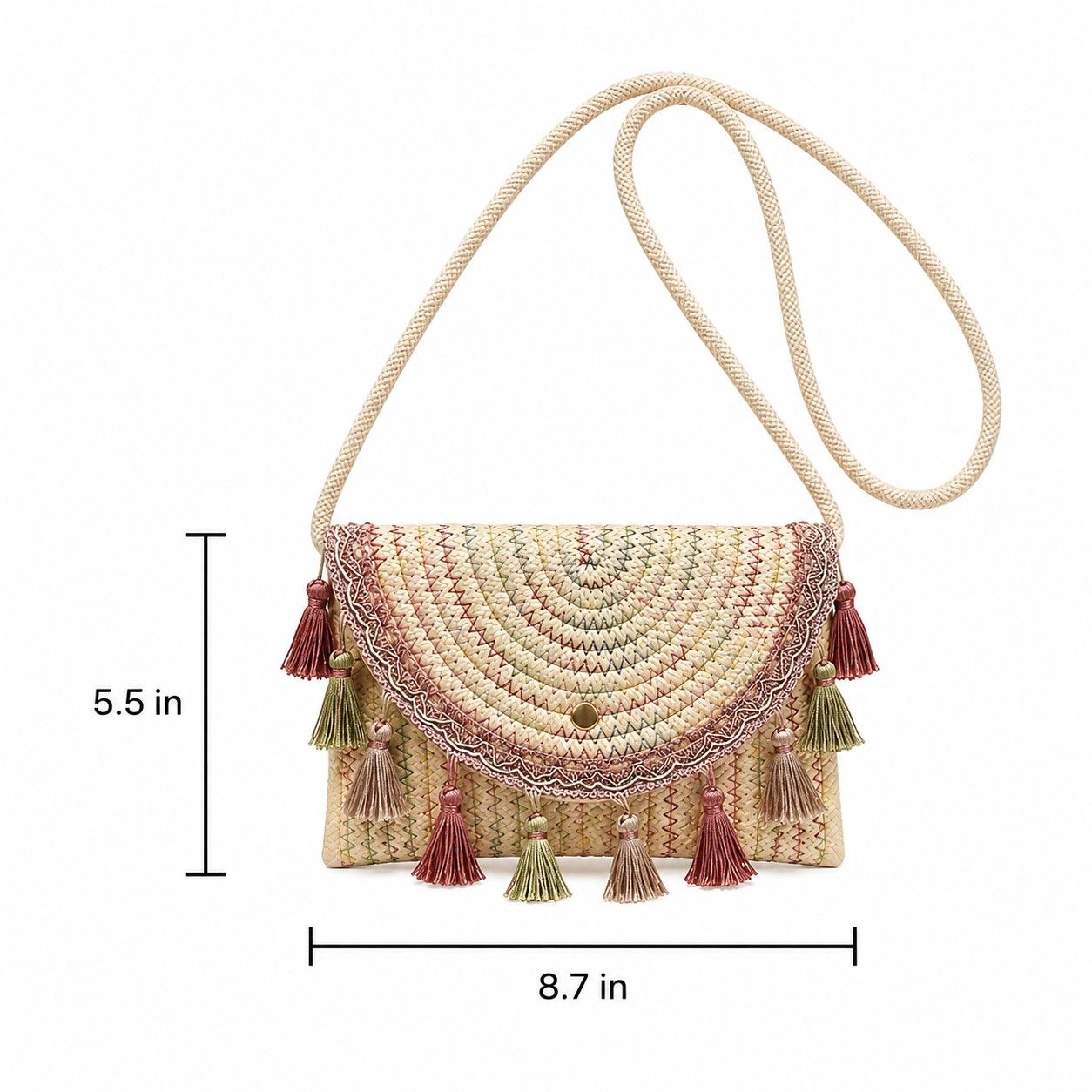 Alilang Women's Boho Woven Fabric Crossbody Bag with Tassel Trim and Magnetic Closure, Beige