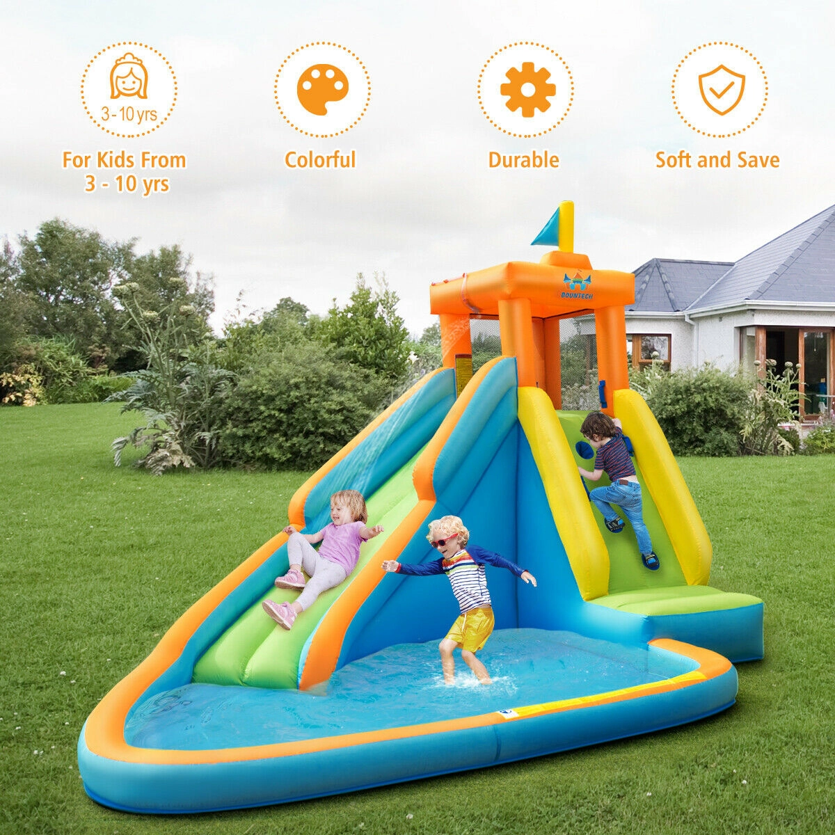 LJG Inflatable Water Slide Kids Bounce House with 740W Blower