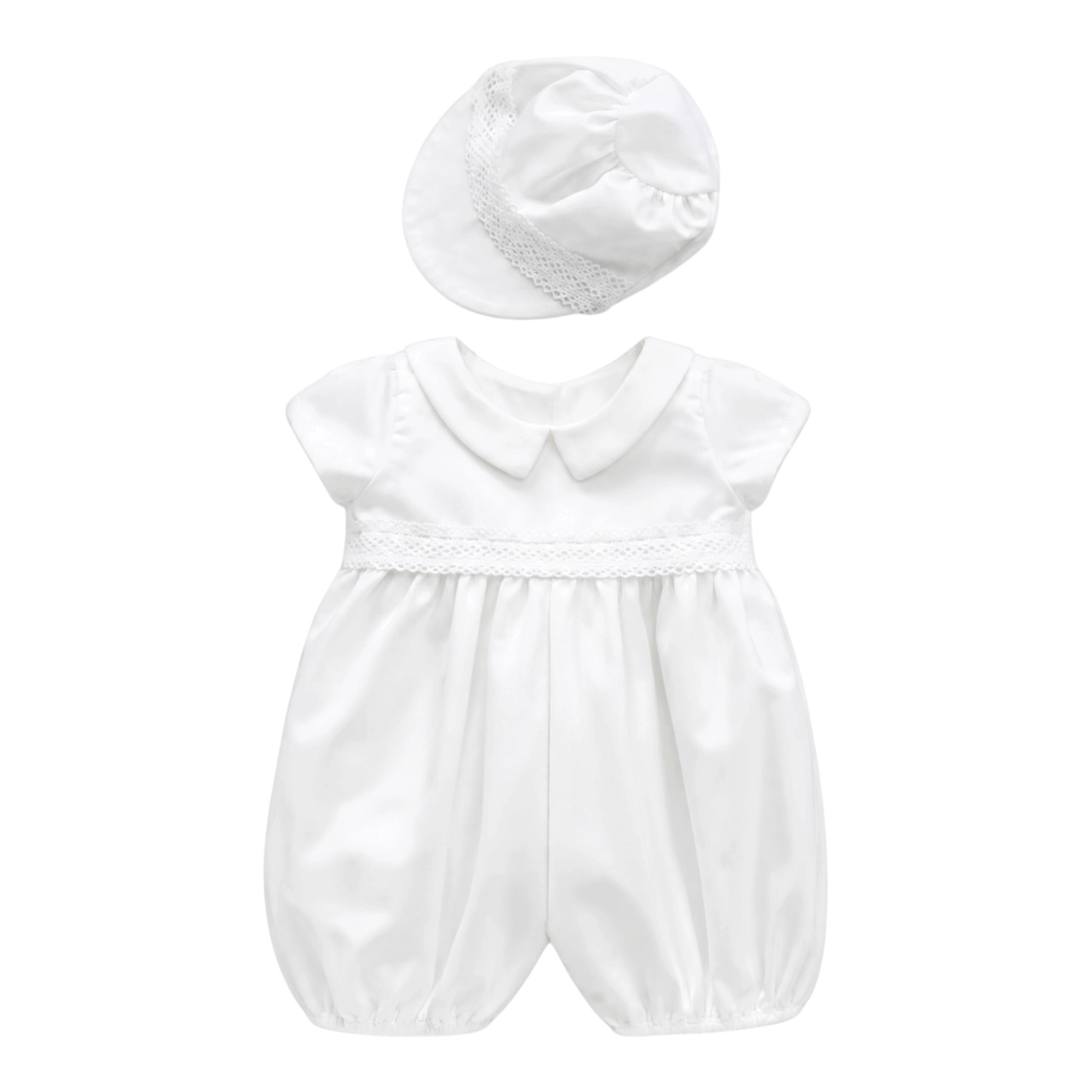 Laurenza's Baby Boys Satin Baptism Christening Romper with Matching Hat