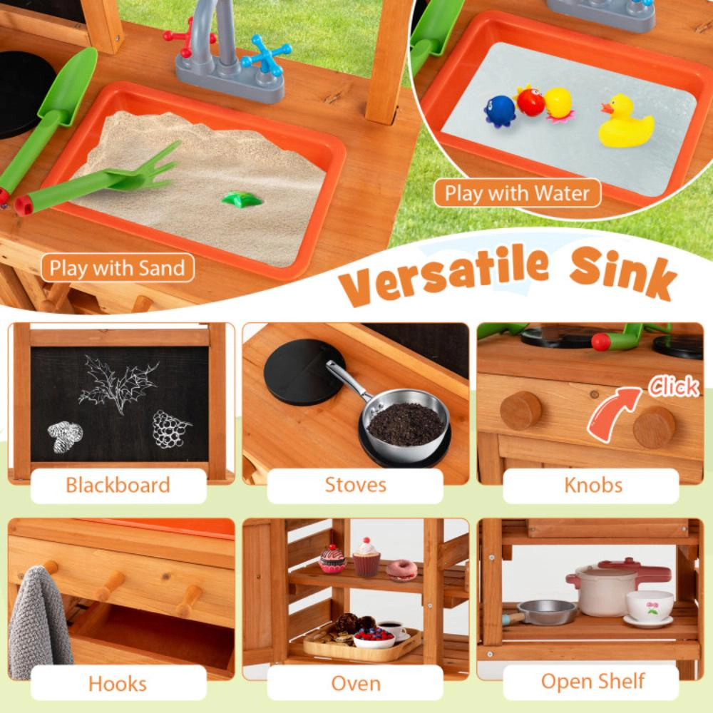 Hivvago Wooden Pretend Play Kitchen with Height Adjustable Canopy for Kids-Natural