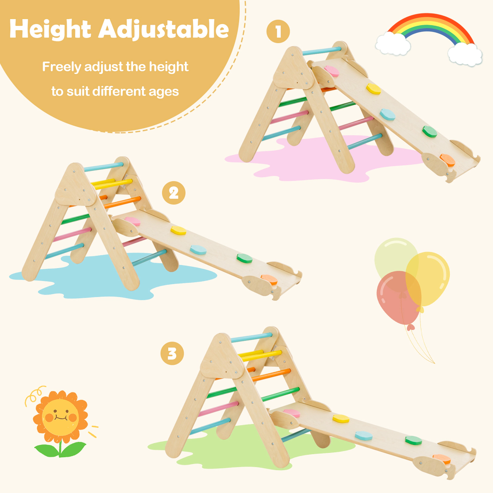 SUGIFT Multicolor Triangle Arch and Reversible Ramp 5-in-1 Wooden Kids Climber Set