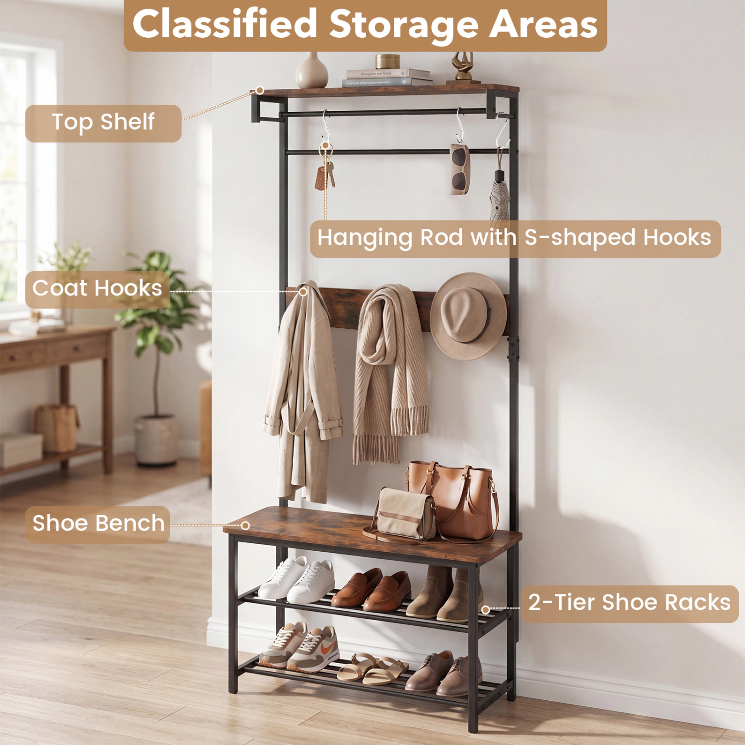 SUGIFT 4-in-1 Hall Tree Coat Rack with Shoe Bench and Removable Hooks 220-lb Bench Capacity Rustic Brown + Black