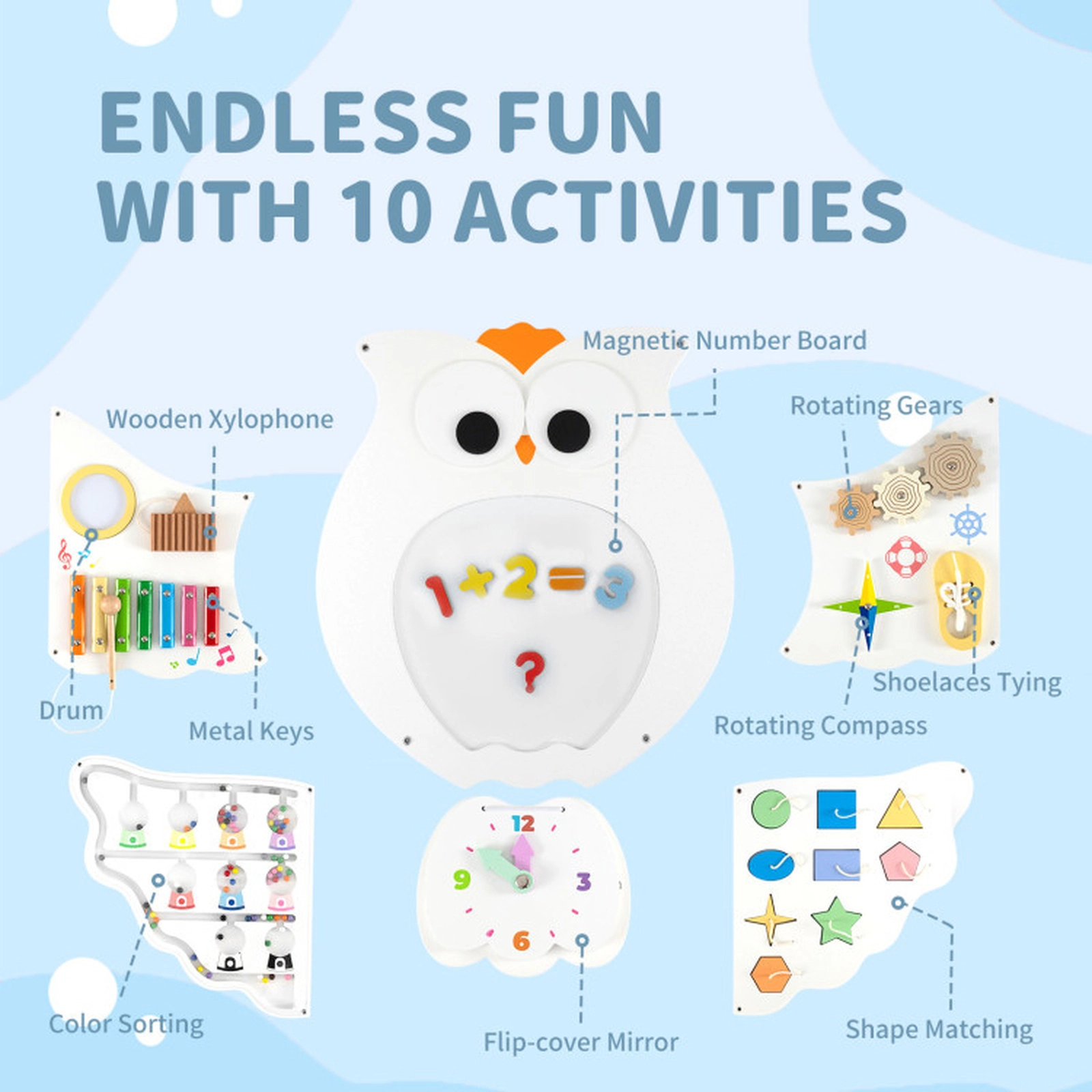 SUGIFT 11-in-1 56-in Owl Montessori Busy Board Wall Panel Set with Magnetic Math Board and 6 Panels