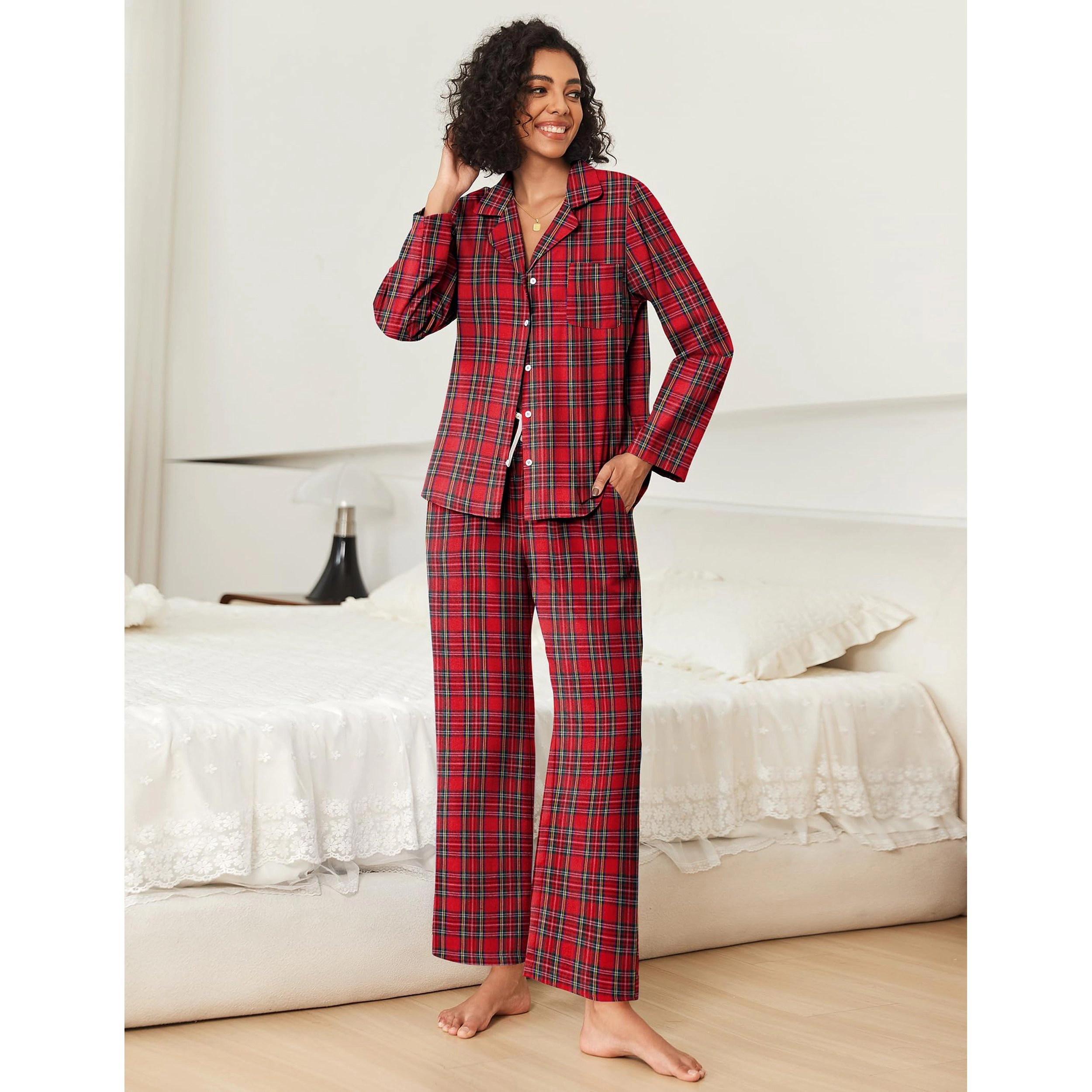 Ekouaer Womens Pajama Sets Two Piece Cotton Plaid Pajamas Long Sleeve Button Down Lounge Set