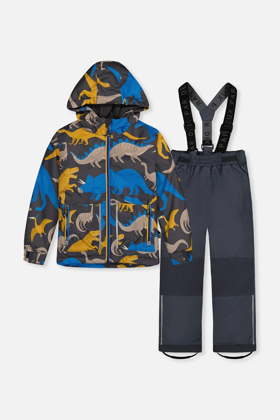 Deux par Deux Boys Dinosaur Print Lightweight Two Piece Snowsuit with Hooded Jacket and Snow Pants
