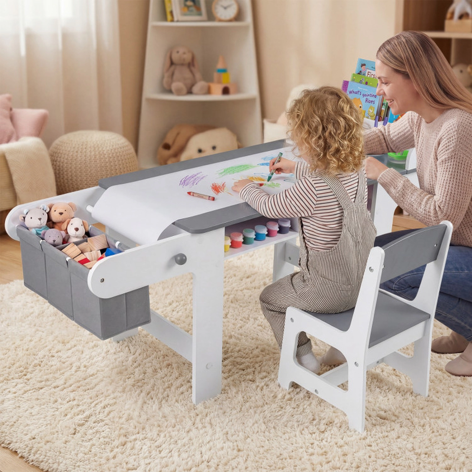 SUGIFT Gray Paper Roll Dispenser 4 Paint Cups and Fabric Bins Kids Art Table and Chair Set