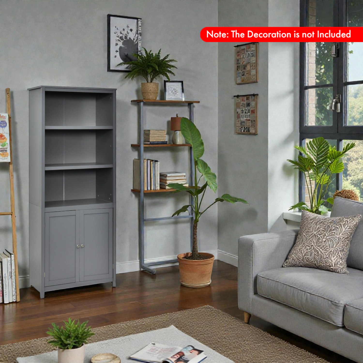 Hivvago Floor Standing Display Shelf With 3 Open Tiers And Dual Door Storage