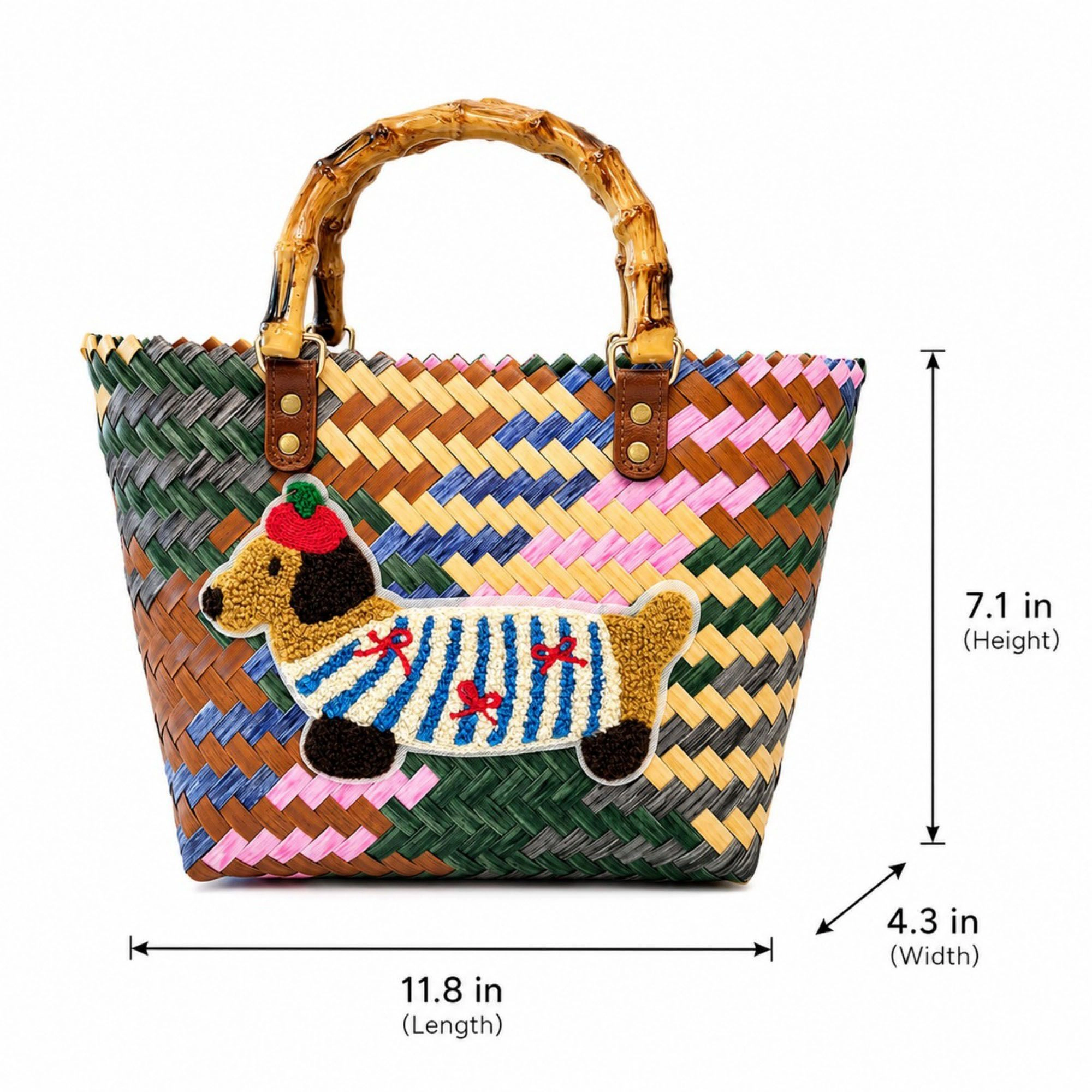 Alilang Women's Woven Bamboo Handle Tote Handbag with Whimsical Dachshund Applique, Structured Shape and Roomy Interior