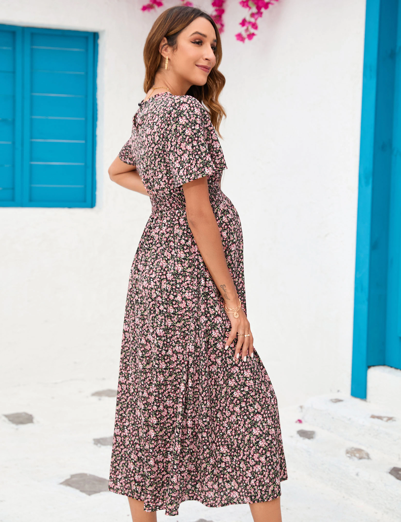 KOJOOIN Women's Floral Maxi Dress Crew Neck Short Sleeve Maternity Flowy Hem Skirt
