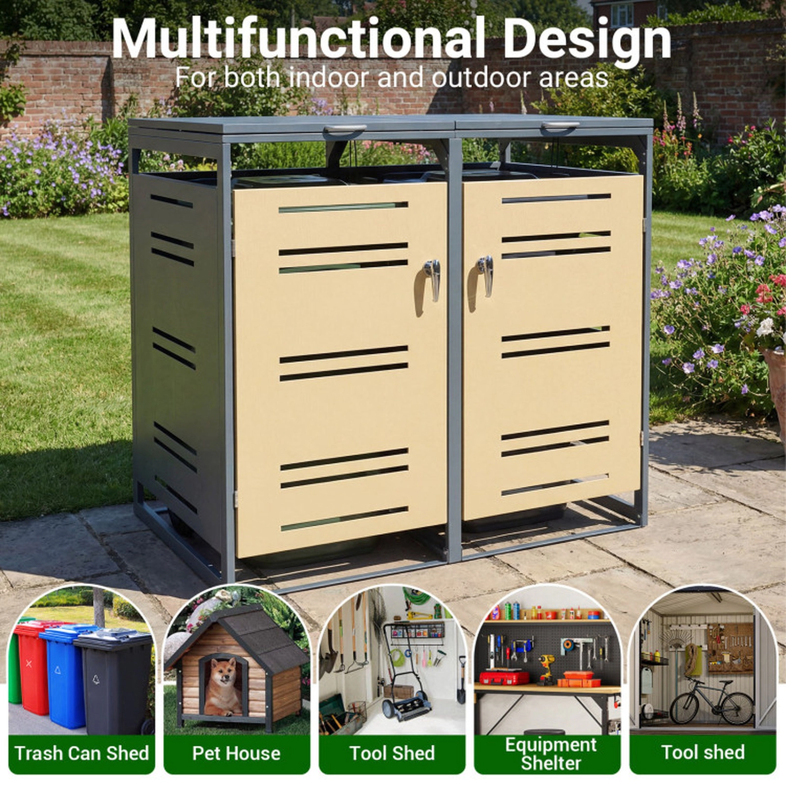 SUGIFT 2-Can Outdoor Metal Trash Can Storage Shed with Gas-Strut Lids Lockable Handle and Wide Doors