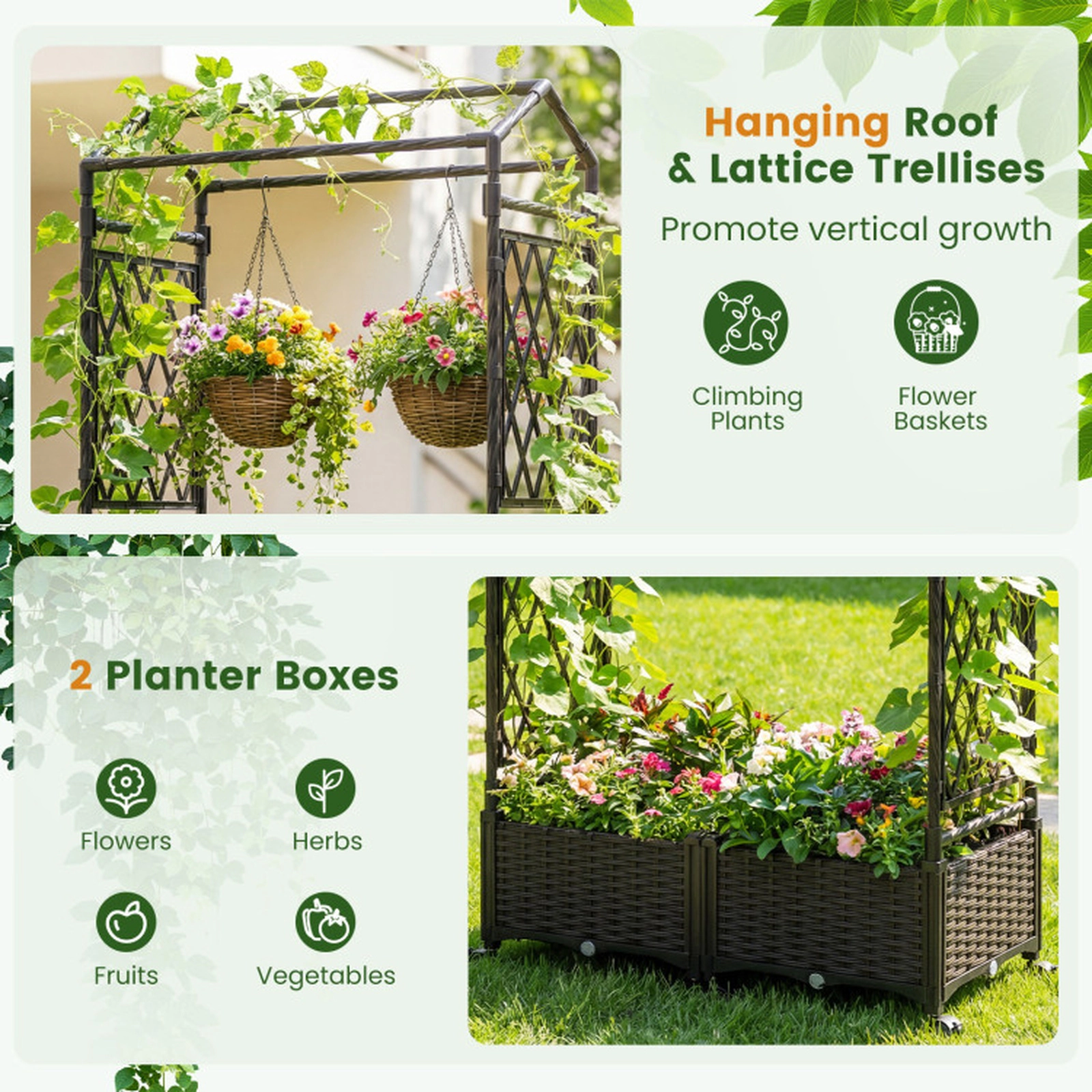 SUGIFT 5.5-ft Brown Self-Watering Planter Boxes with Lattice Trellis Roof and Lockable Universal Wheels