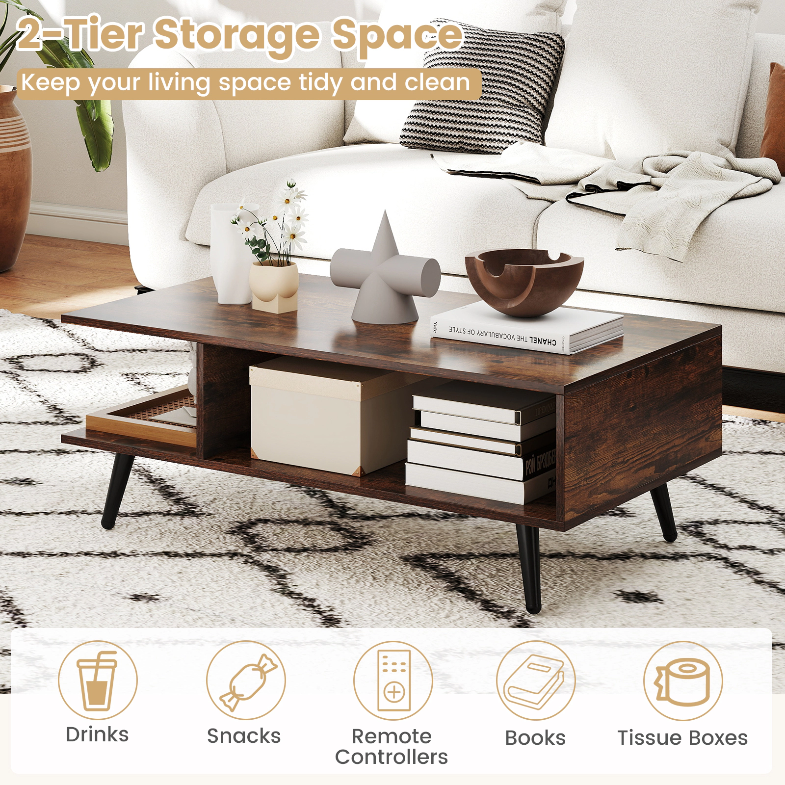 Glintex Mid-Century 31.5-Inch Coffee Table with 2 Open Compartments