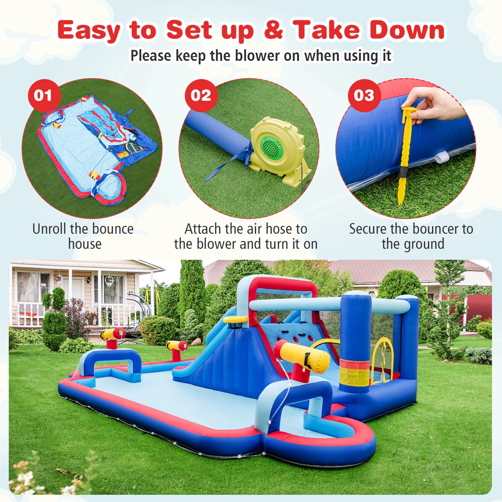 SUGIFT Inflatable Water Slide Bounce House Park Splash Pool 200-lb Capacity Ages 3-12 Multi-color 254.5 x 164.5 x 83 in