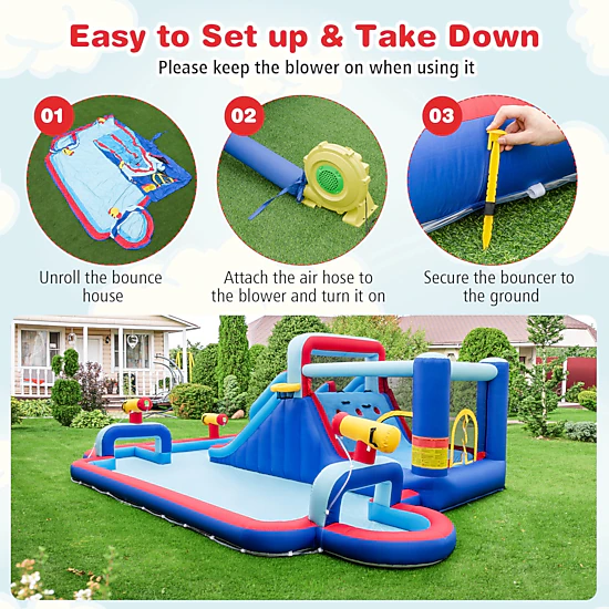 SUGIFT Inflatable Water Slide Bounce House Park Splash Pool 200-lb Capacity Ages 3-12 Multi-color 254.5 x 164.5 x 83 in