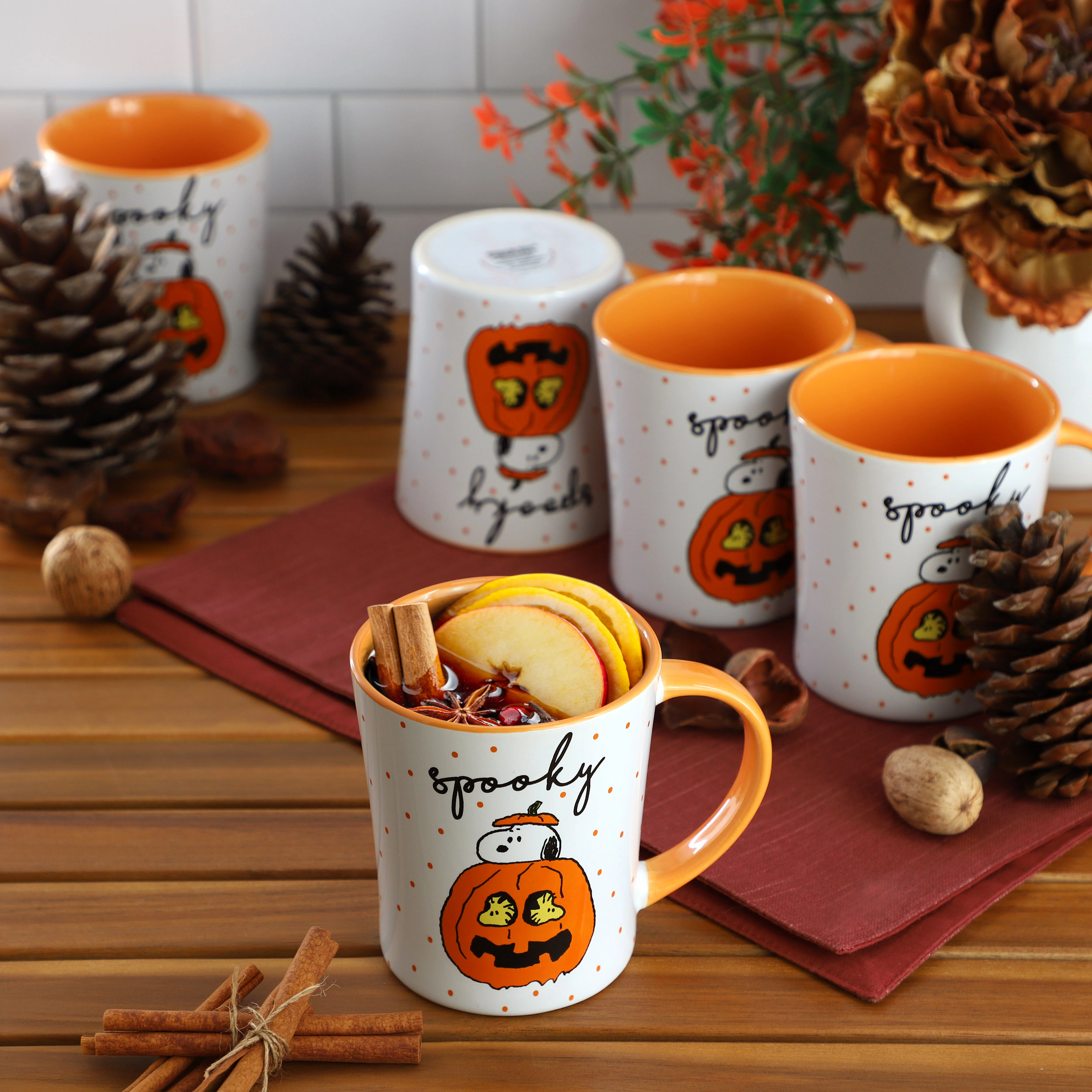 Peanuts Spooky 12 Piece 15 Ounce Funky Stoneware Mug Set in Orange