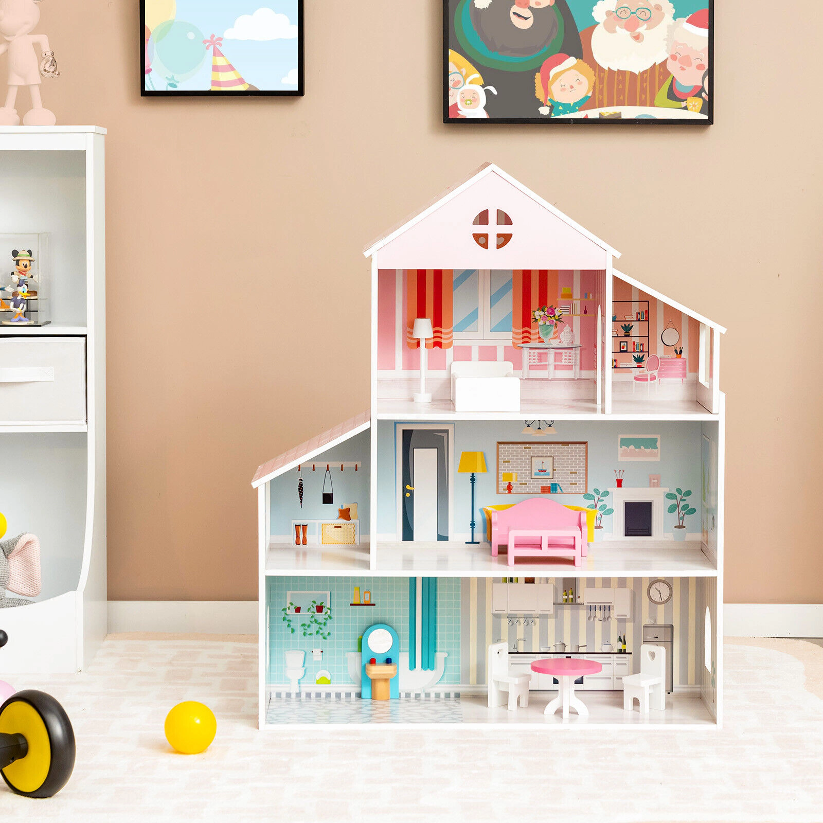 3-Tier Doll House with 8 Furniture Pieces 6 Rooms MDF Wooden Dollhouse 34.25-in Tall with Colorful Wallpaper
