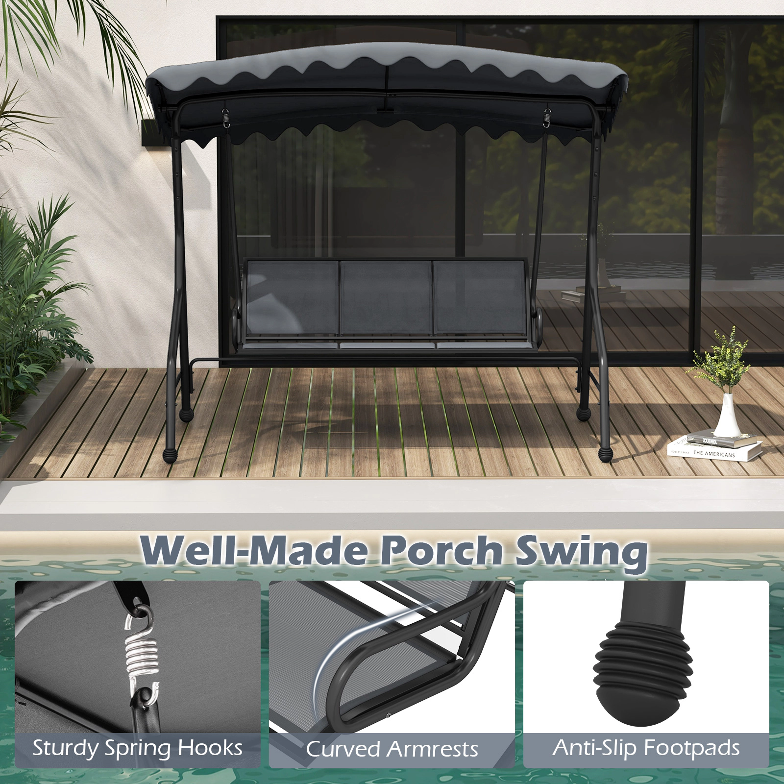 SUGIFT Gray 3-Seat Outdoor Porch Swing, 61-Inch Seat, Breathable Canopy, 1,000-Lb Capacity