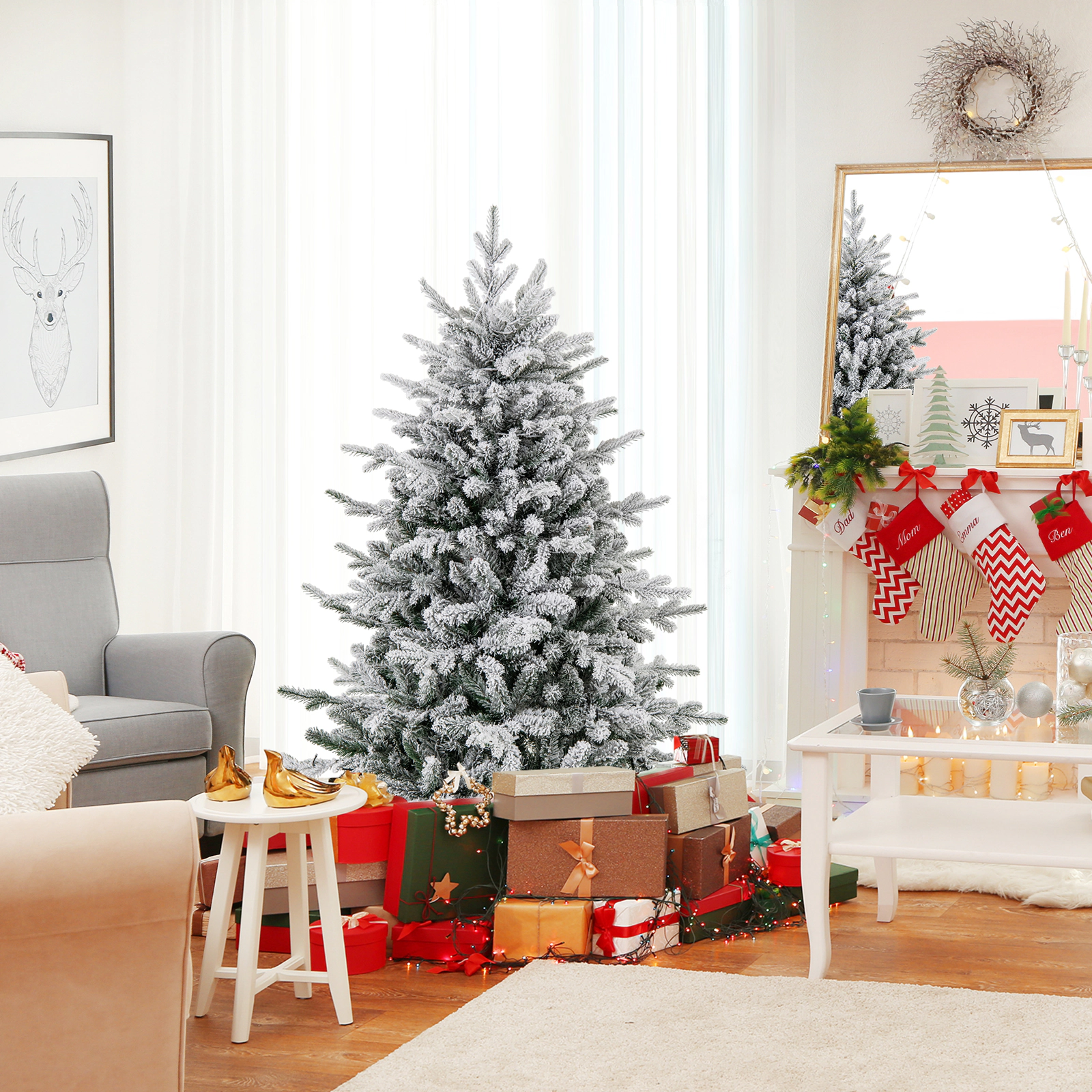 LJG Flocked Christmas Tree with 8 Lighting Modes and Multi-Color LED Lights