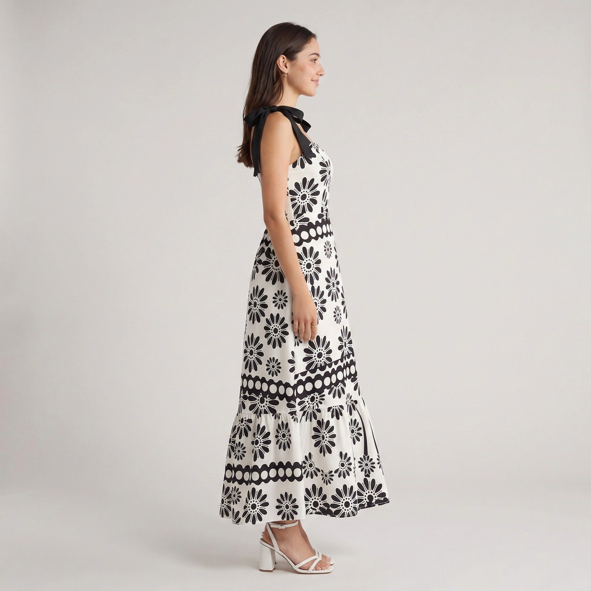 Anna-Kaci Women's Black White Floral Tie Shoulder Smocked Tiered Midi Dress