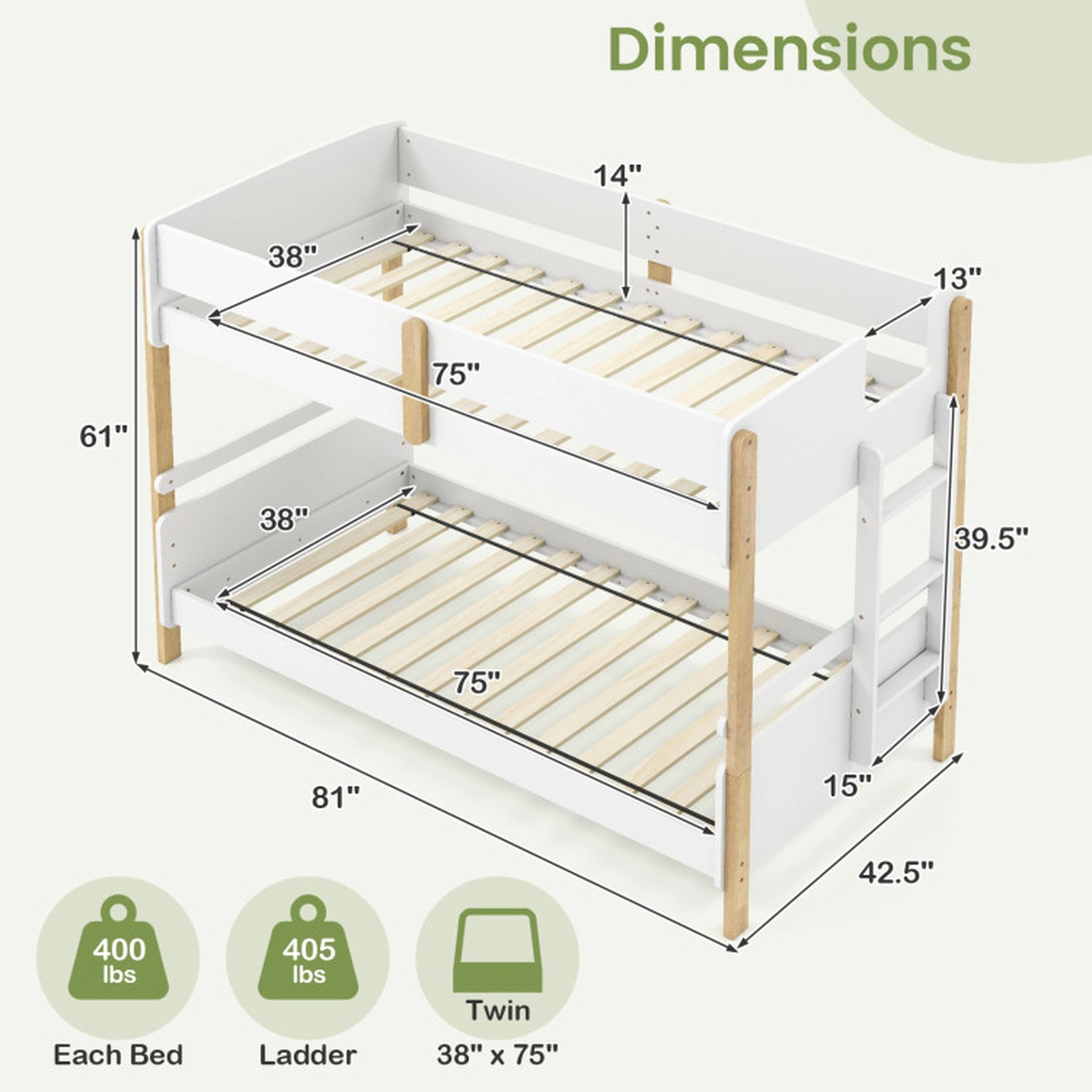 SUGIFT White Ladder Convertible to 2 Separate Beds Twin Over Twin Kids Wood Bunk Bed