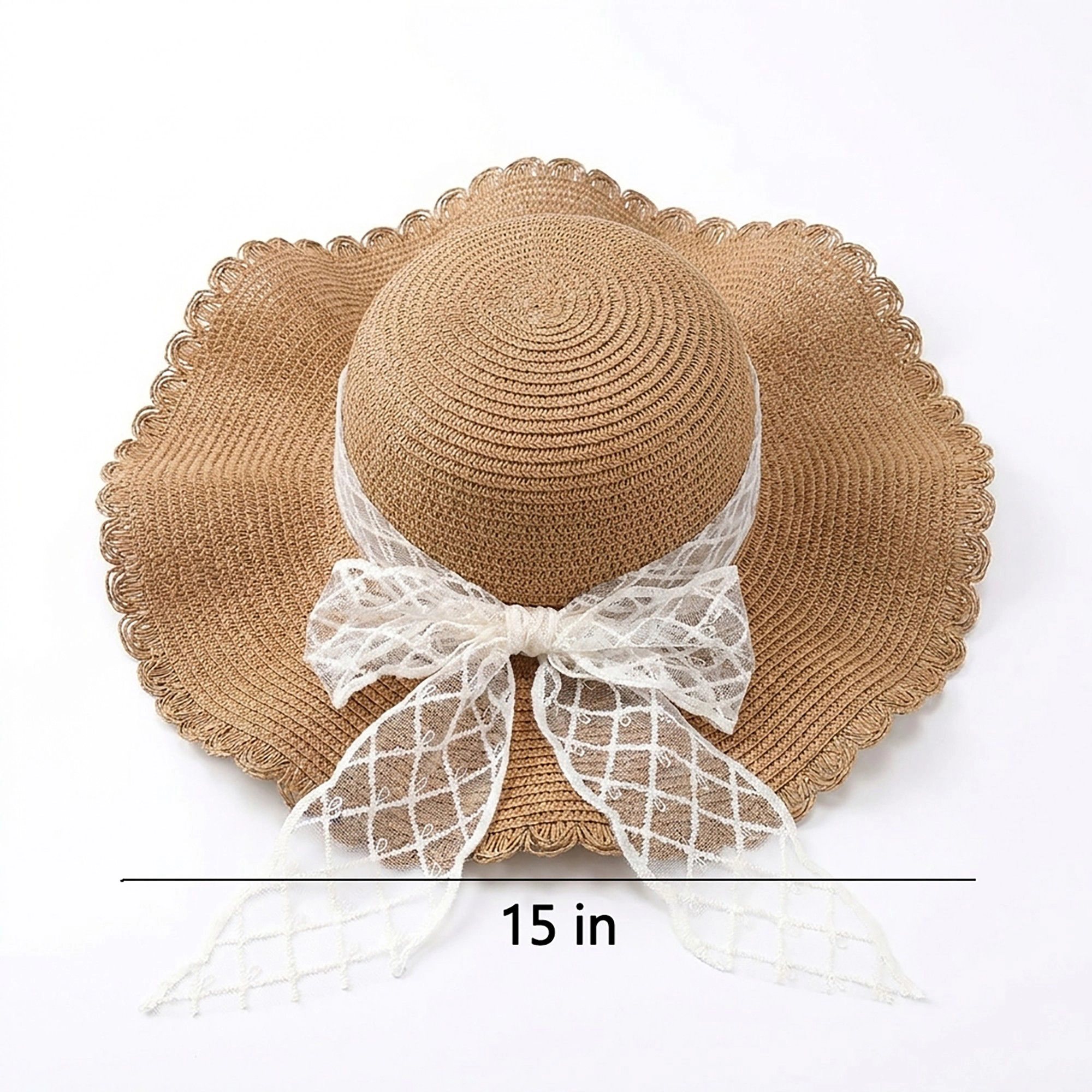 Anna-Kaci Women's Wide Brim Straw Sun Hat with Sheer Bow Accent and Scalloped Edge