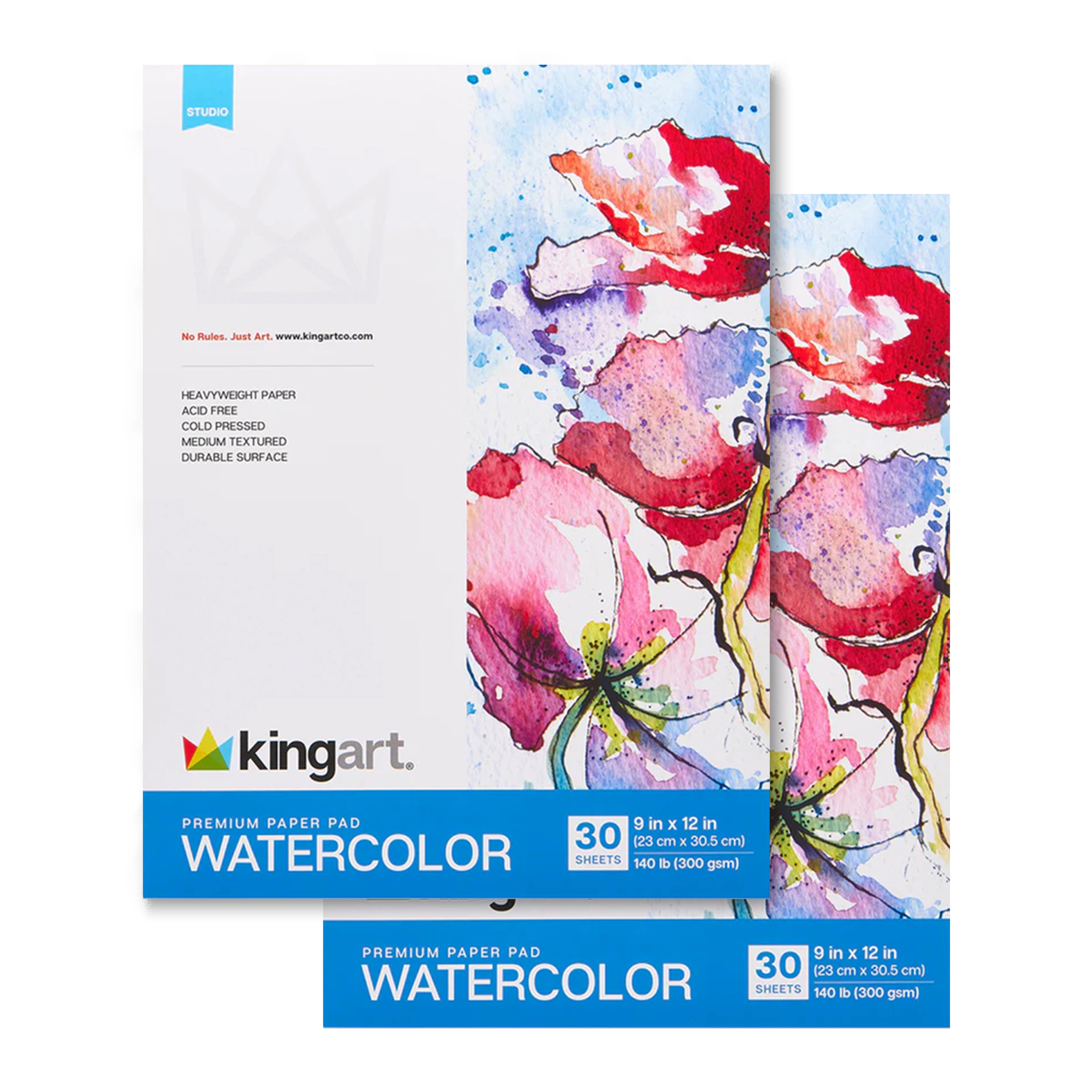 KINGART Watercolor Paper Pad - Top Bound 9" x 12" - 2 Pack - 30 Sheets Each