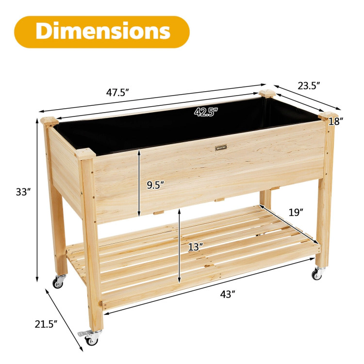 Hivvago Wood Elevated Planter Bed with Lockable Wheels Shelf and Liner