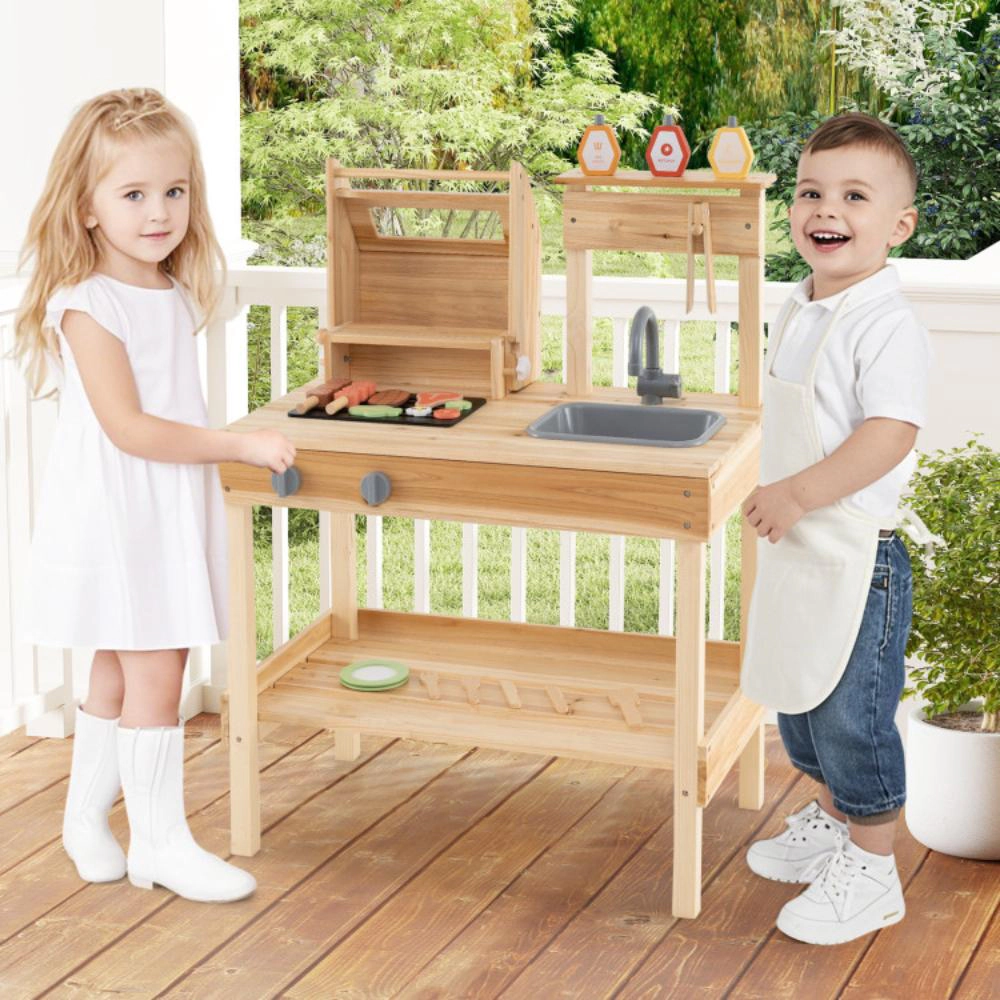 Hivvago Wooden Barbecue Grill Playset with Play Food and Open Shelves-Natural