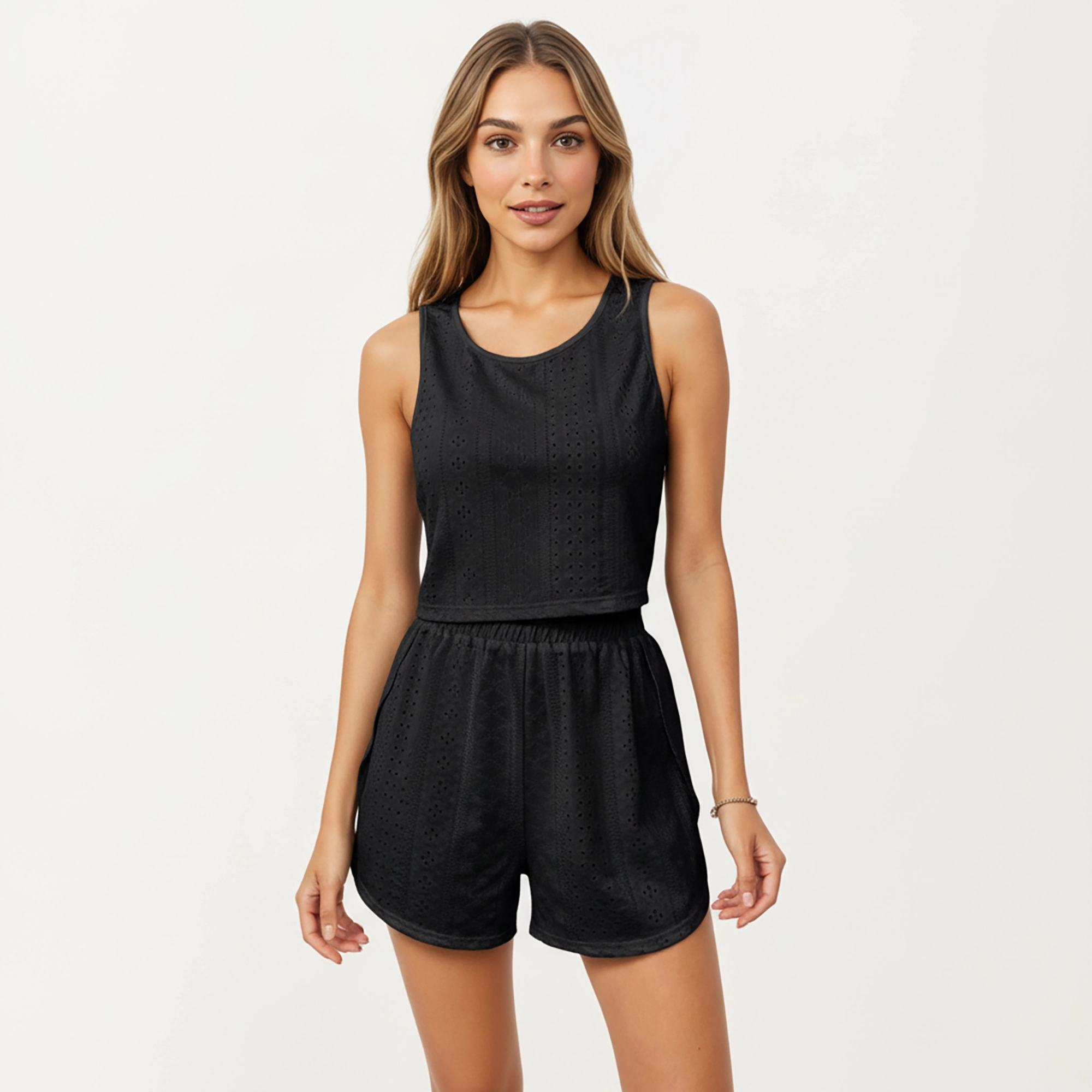 Anna-Kaci Women's Eyelet Tank and Lounge Shorts Set with Elastic Waist Relaxed Cropped Fit