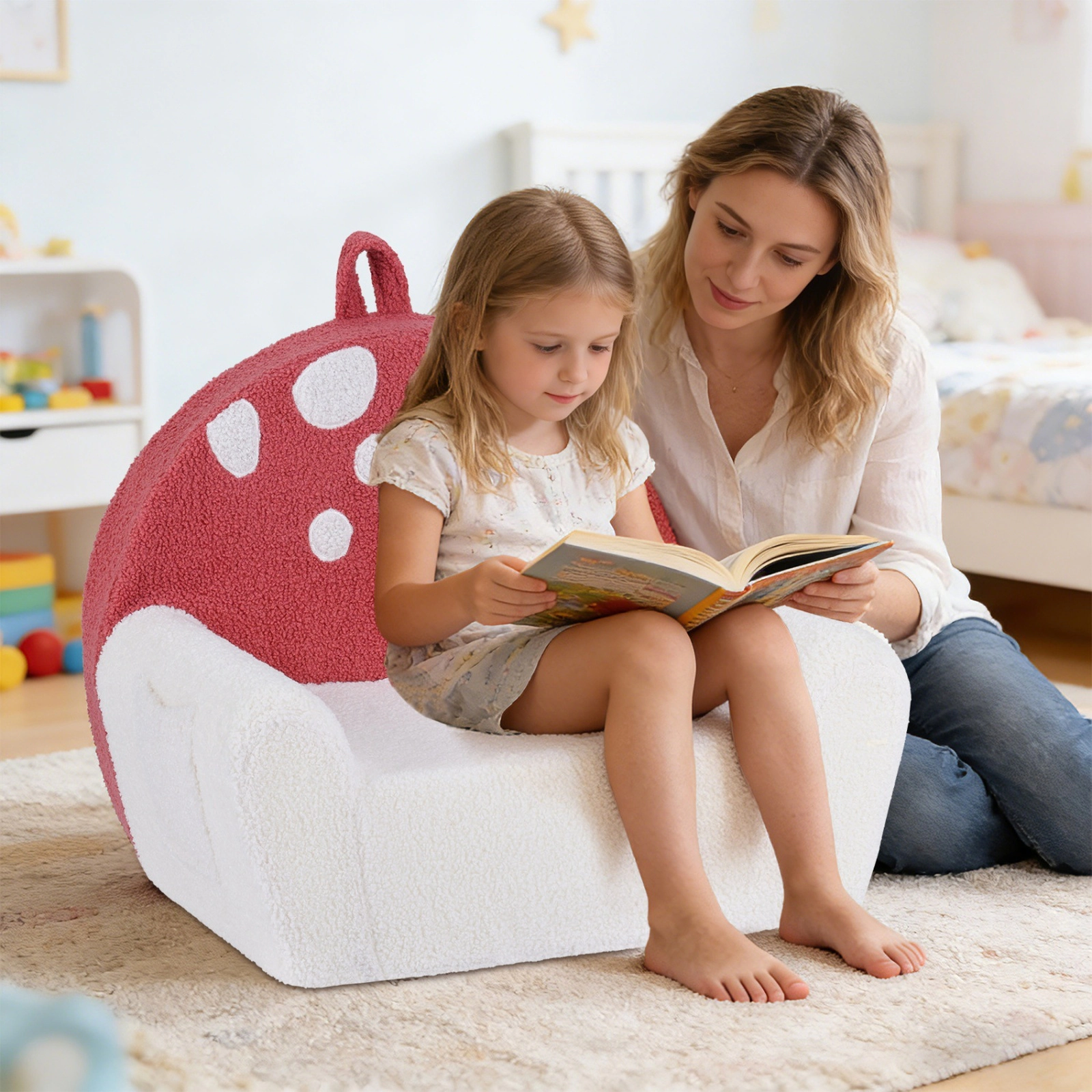 SUGIFT Toddler Foam Chair, Beige Teddy Fleece, Side Pocket, Washable Cover