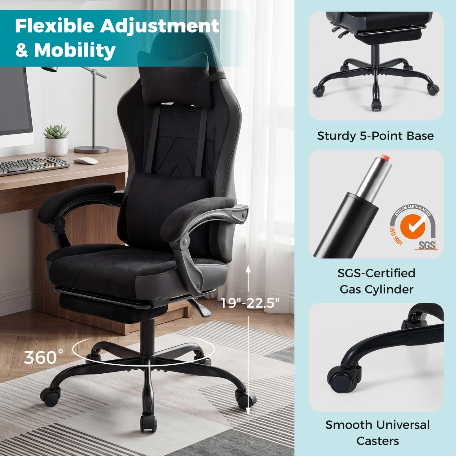 SUGIFT Ergonomic Suede Gaming Computer Chair with Headrest Lumbar Support Linkage Armrests 330-lb Capacity Black