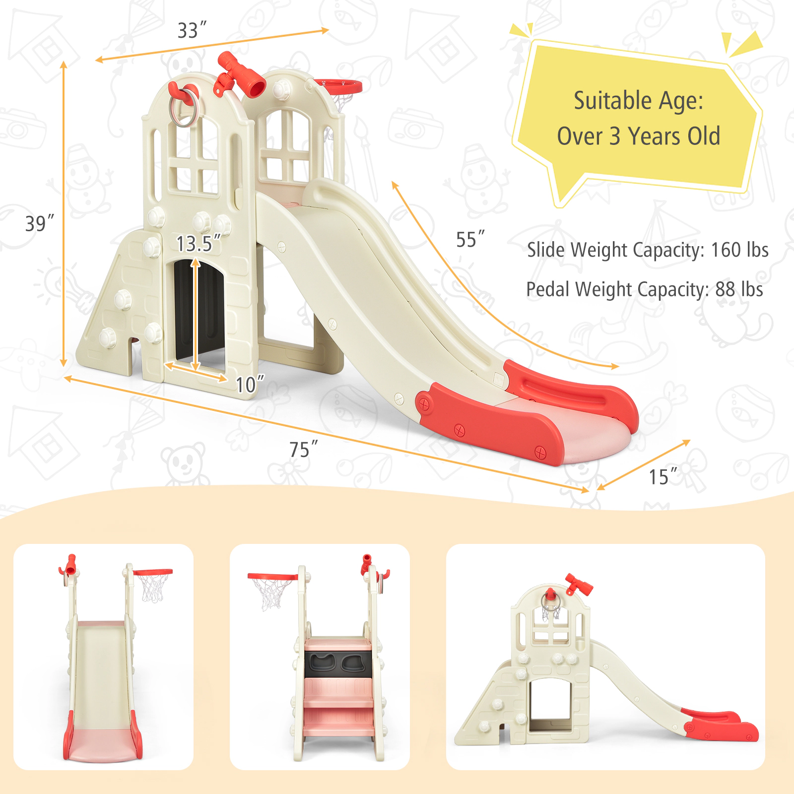 6-in-1 Large Kids Slide Climber Playset 75-in Rock Panel 2-Step Ladder Basketball Hoop 160-lb Platform Ages 3+ Pink