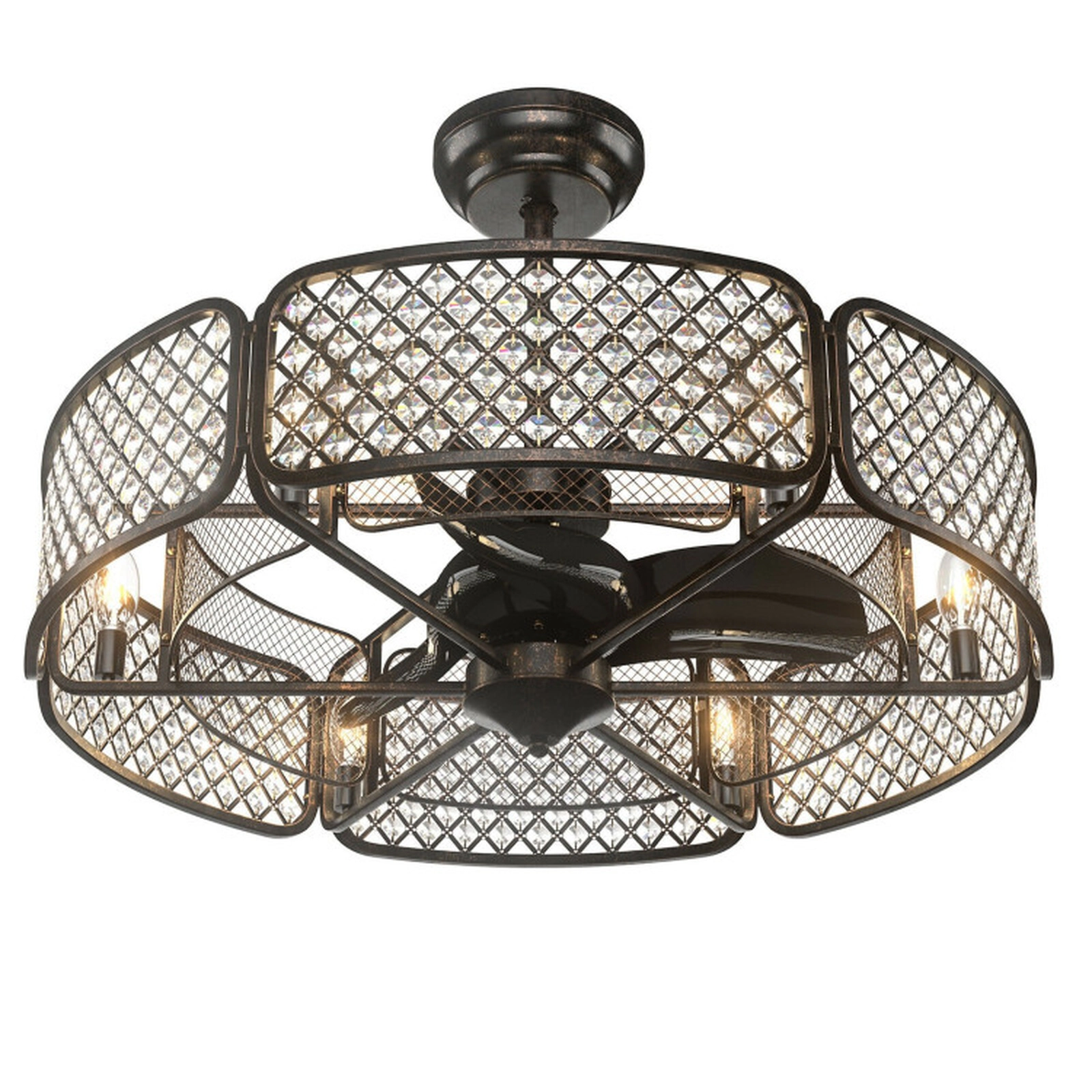 SUGIFT 30-in Caged Ceiling Fan with Light Crystal Lampshade 6-Light 6-Speed Reversible DC Motor Remote Coffee/Golden