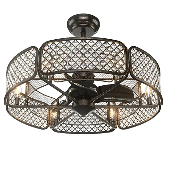 SUGIFT 30-in Caged Ceiling Fan with Light Crystal Lampshade 6-Light 6-Speed Reversible DC Motor Remote Coffee/Golden