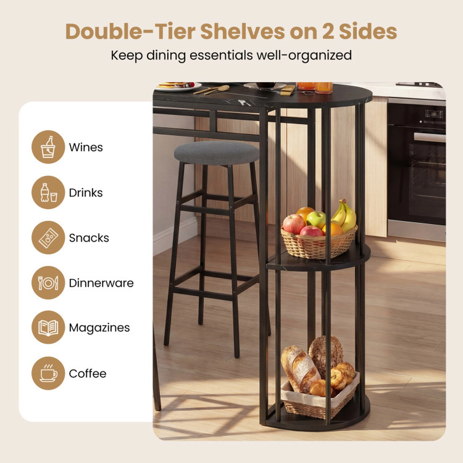 SUGIFT 60-in Dining Table and 2 Upholstered Barstools Set 135-lb Table 330-lb Stools Golden & White/Black & Gray