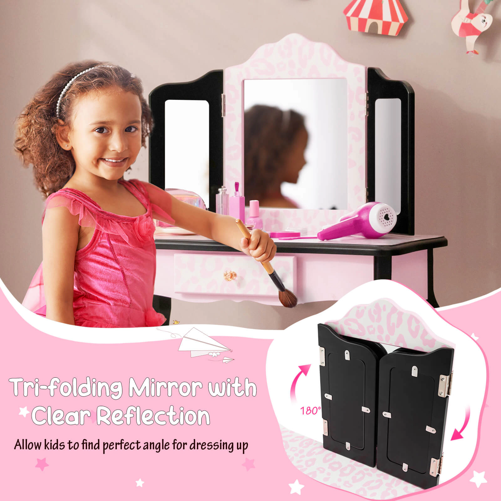 SUGIFT Pink Kids Vanity Set with Tri-Fold Mirror, Leopard Print and Crystal Knob
