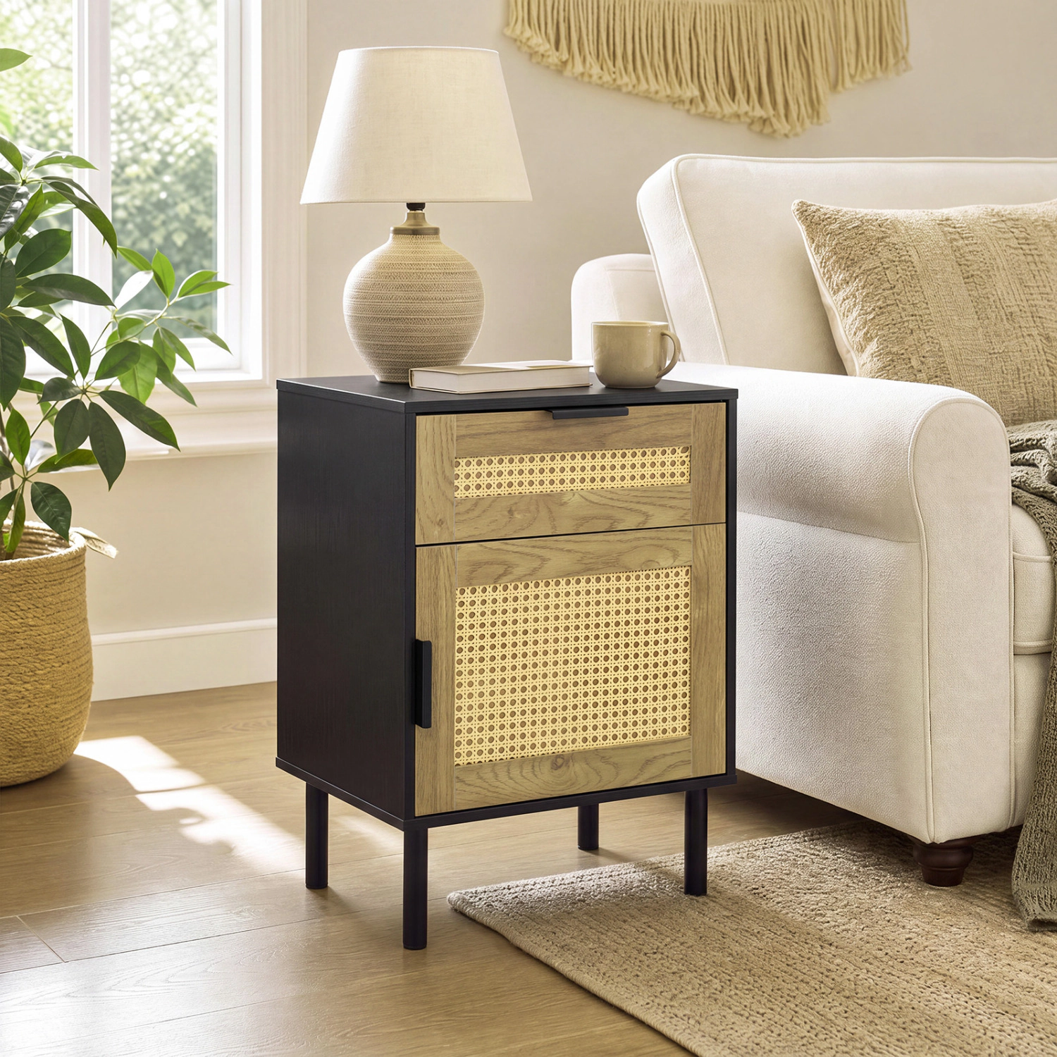 LJG Rattan Nightstand with Drawer and Storage Cabinet for Bedroom Dorm