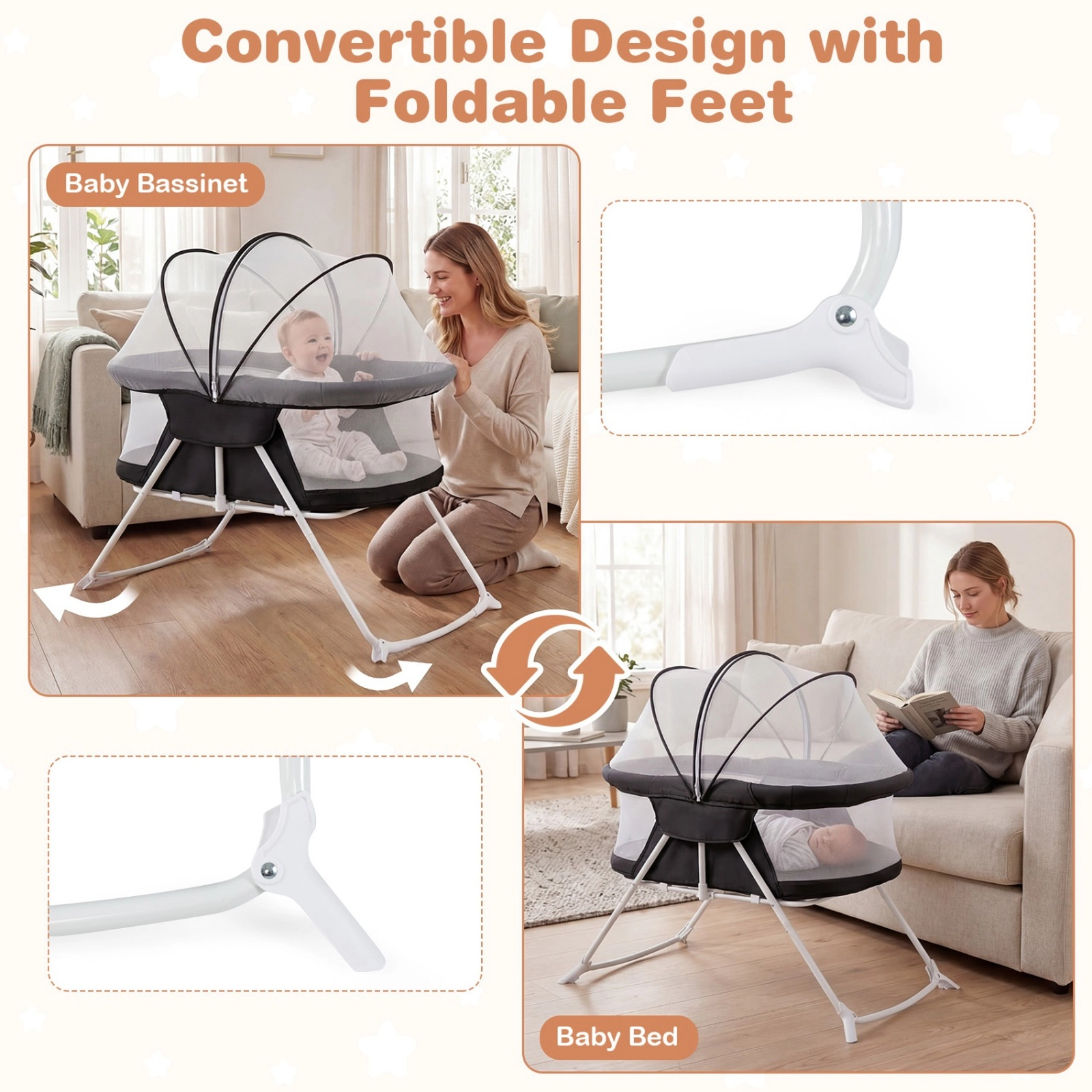 SUGIFT 2-in-1 Rocking and Stationary Baby Bassinet Bedside Sleeper 66-lb Capacity Ages 0-5 Months Black with Mesh Canopy
