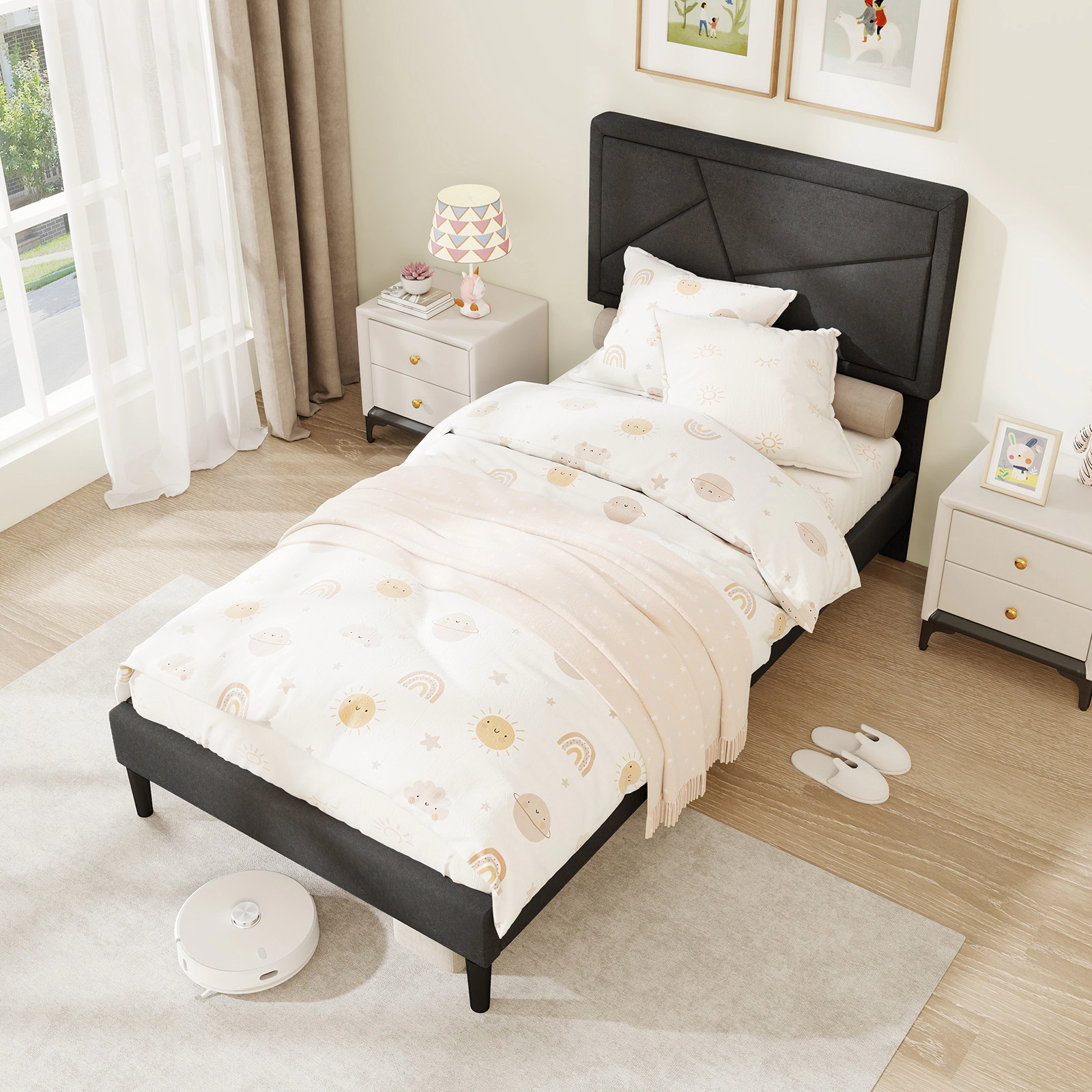 SUGIFT Twin Upholstered Platform Bed, Gray Faux Linen, 44-Inch Headboard