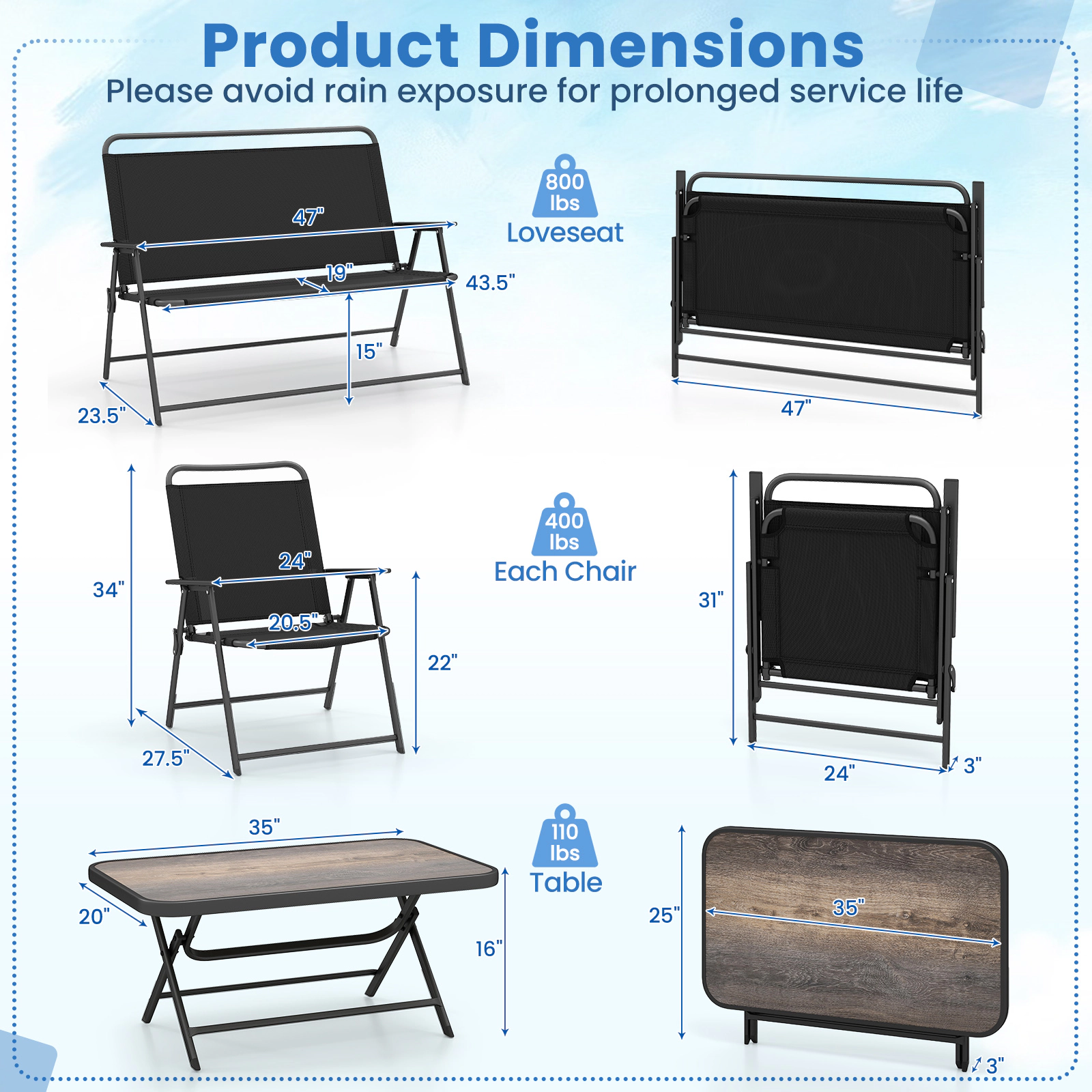 SUGIFT 4-Piece Folding Patio Conversation Set with SPC Coffee Table and Patio Chairs Black Fabric and Metal