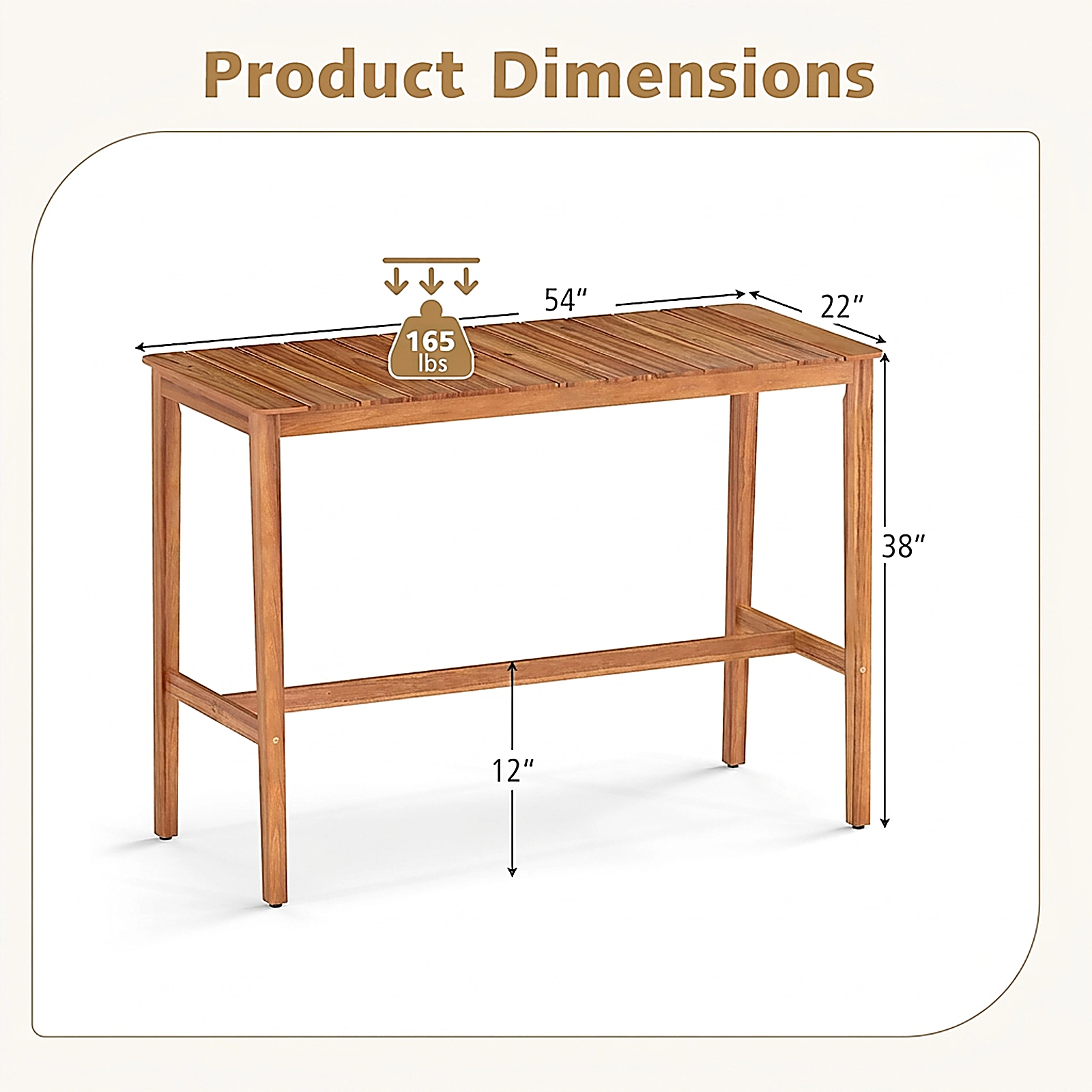 SUGIFT 54-Inch Natural Acacia Wood Outdoor Counter-Height Bar Table with Slatted Top and Footrest