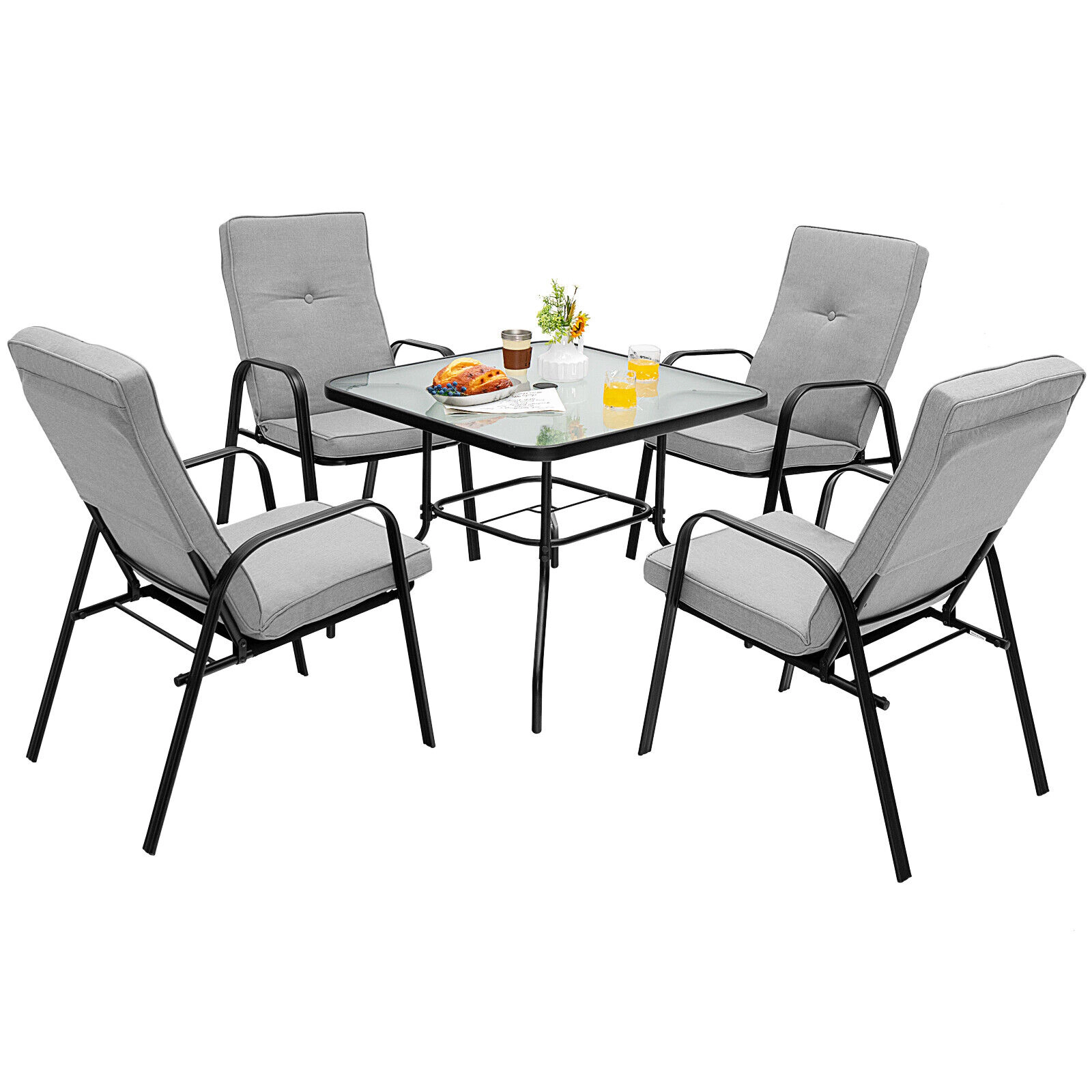 LJG 4 Patio Dining Stackable Chairs Set with High-Back Cushions
