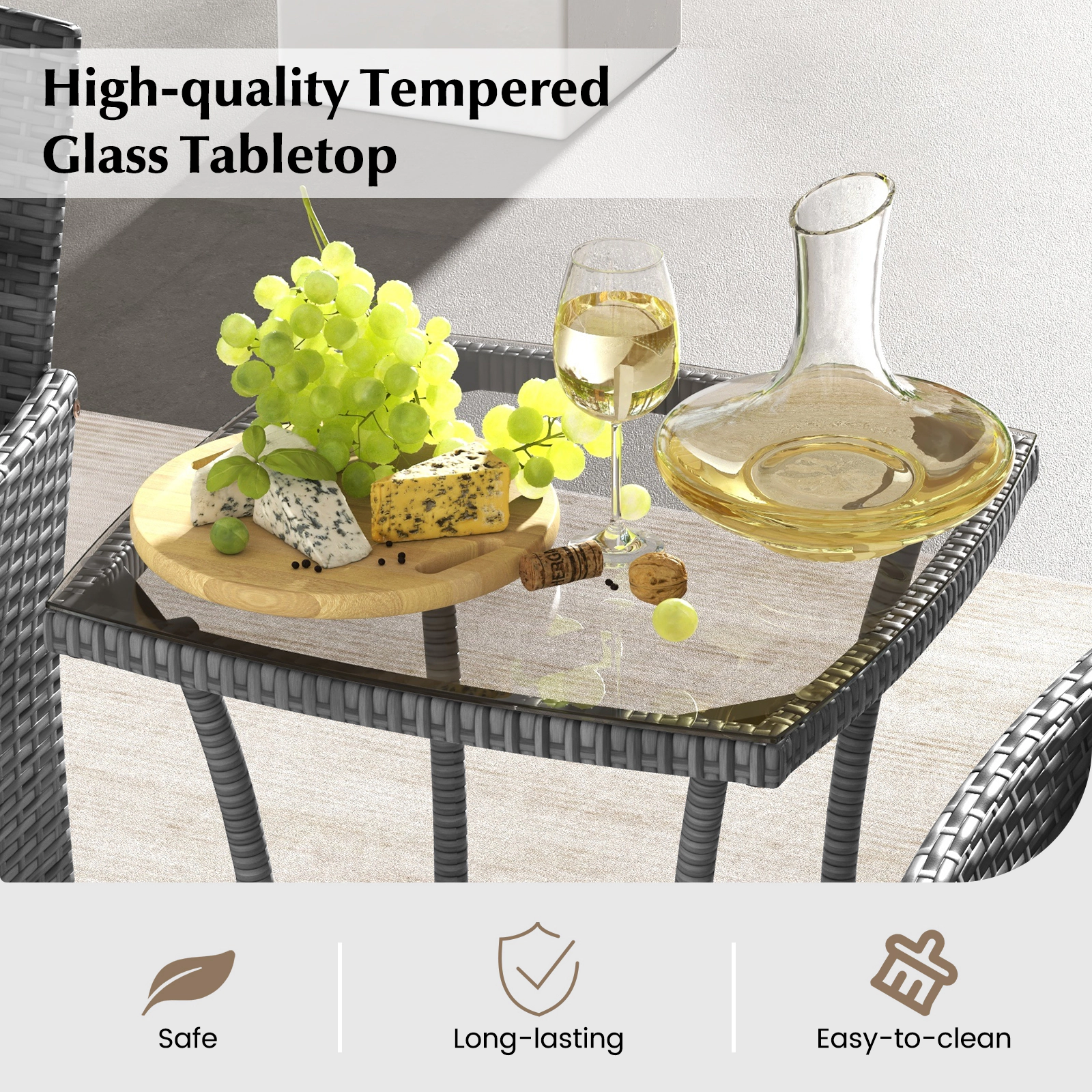 SUGIFT 3-Piece PE Rattan Patio Conversation Set with Cushioned Chairs and Tempered Glass Table 400-lb Chairs Off White
