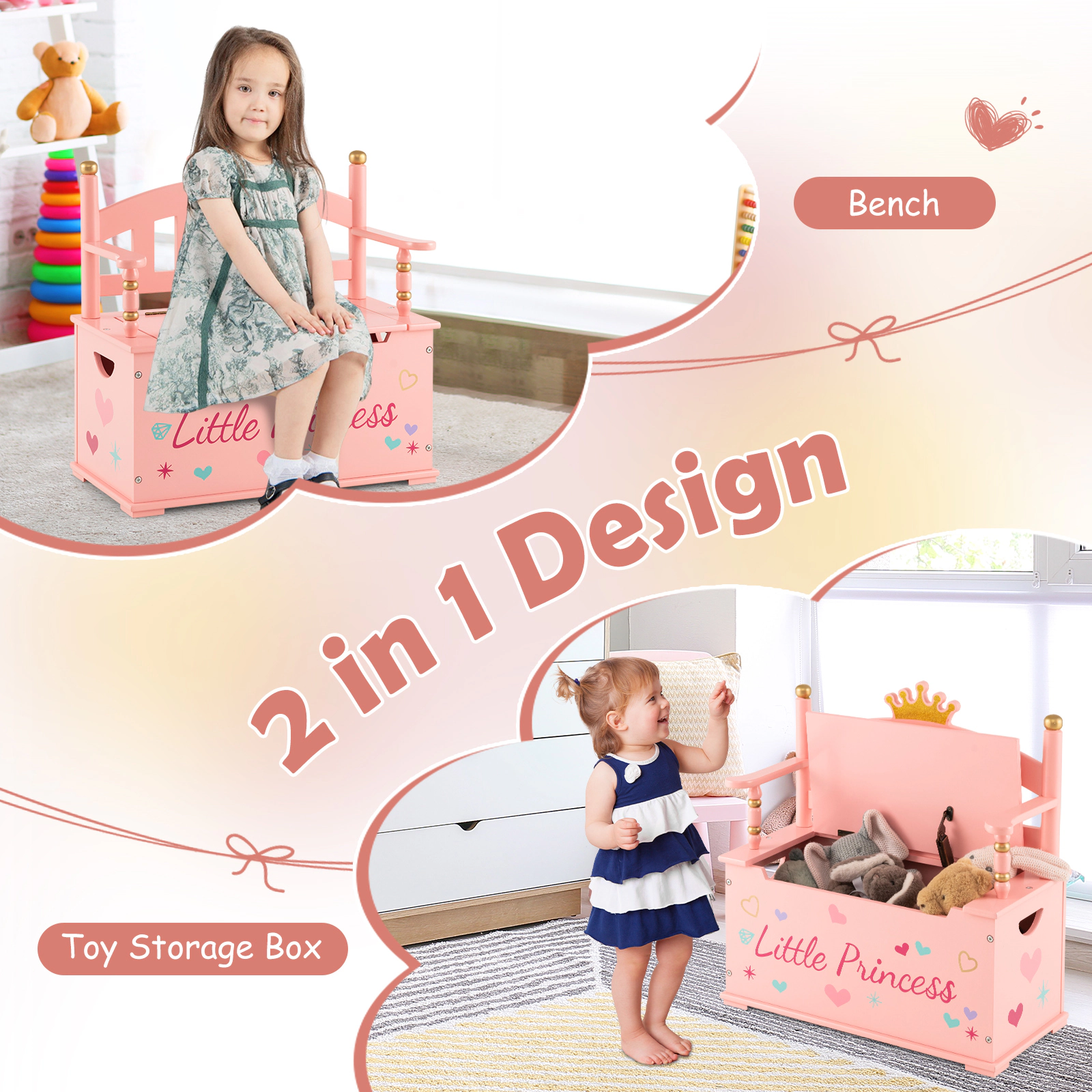 Hivvago 2-in-1 Wooden Kids Toy Storage Chest