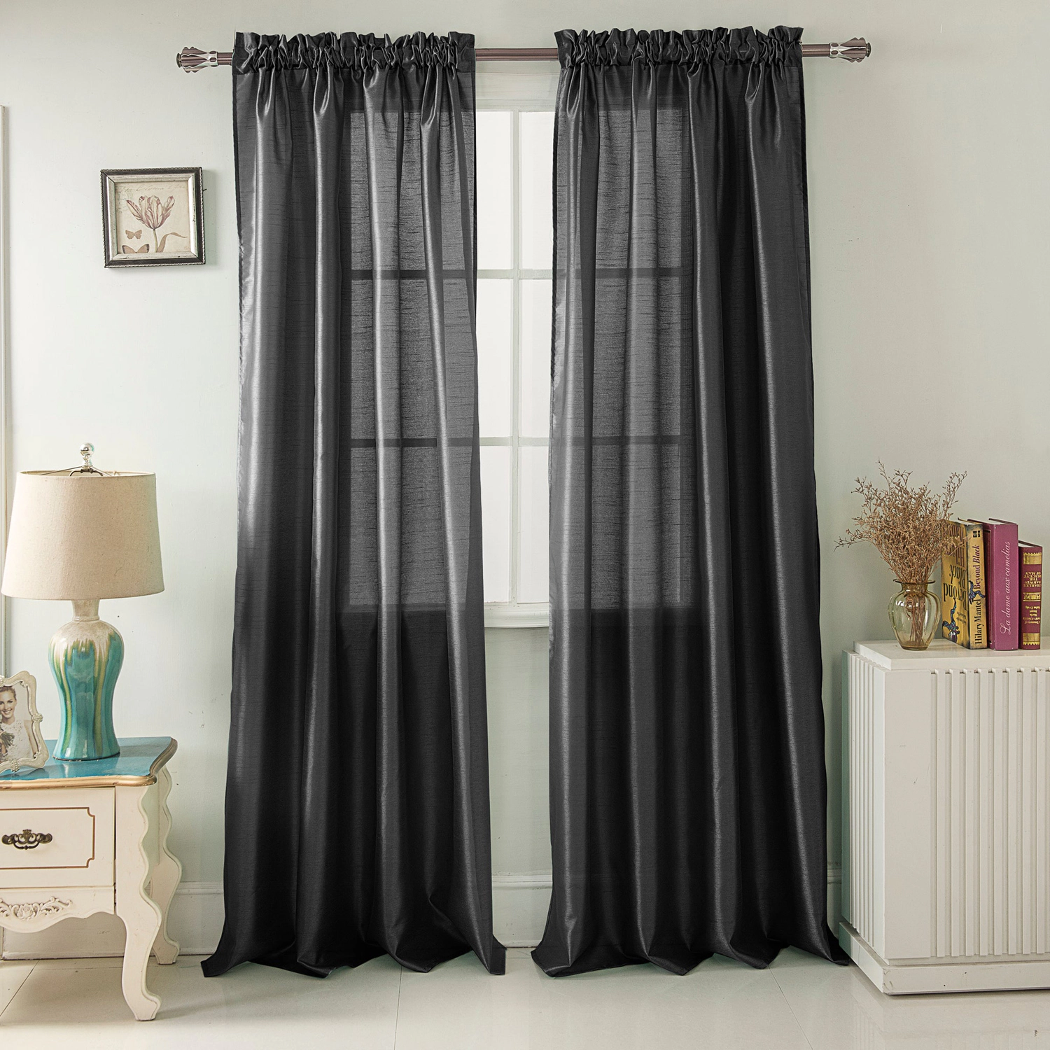 RT Designers Collection 100% Polyester 82 GSM Faux Silk Nikki Rod Pocket Curtain Panel 54" x 90" Black