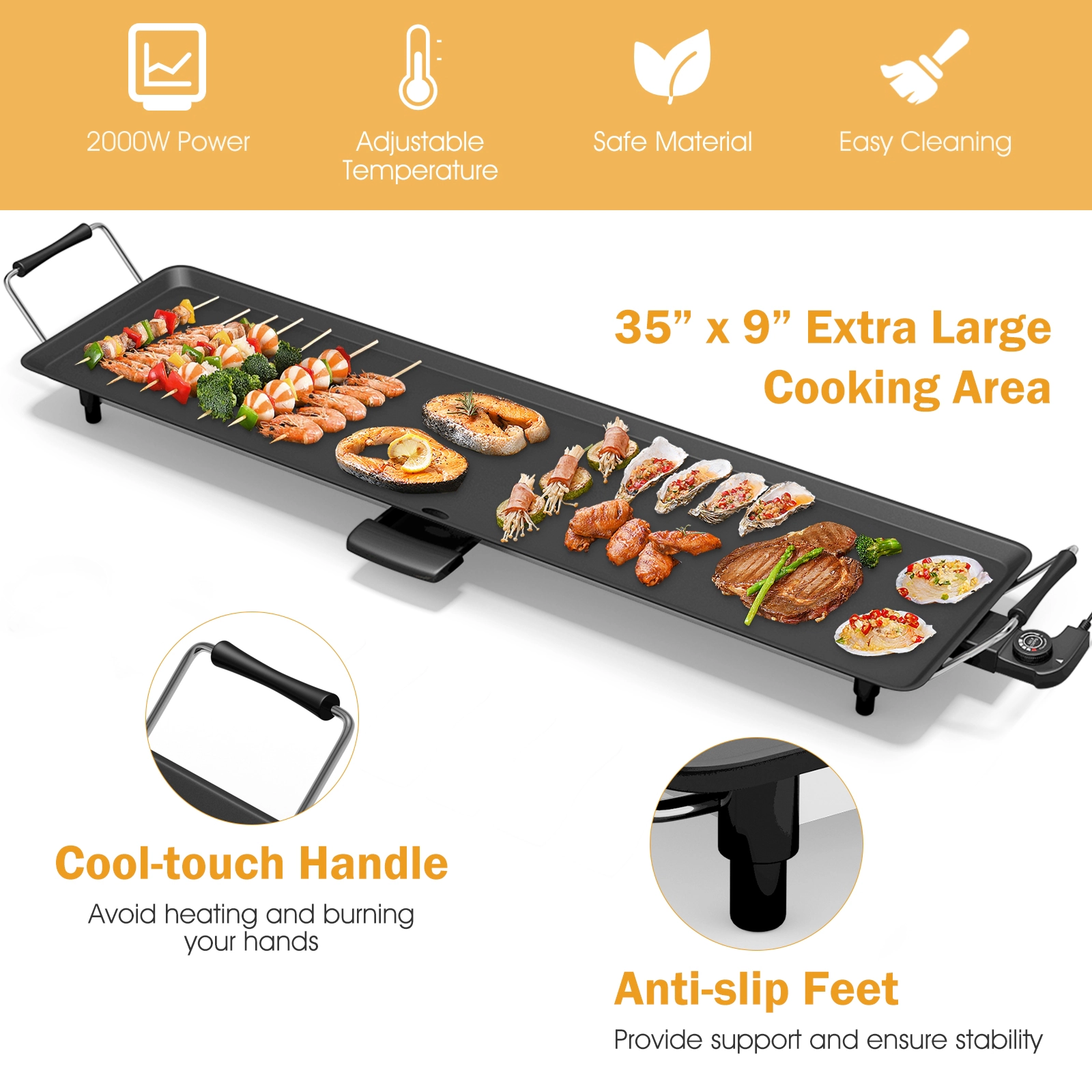 SUGIFT 35 Inch Electric Griddle Black Teppanyaki Grill with Adjustable Temperature
