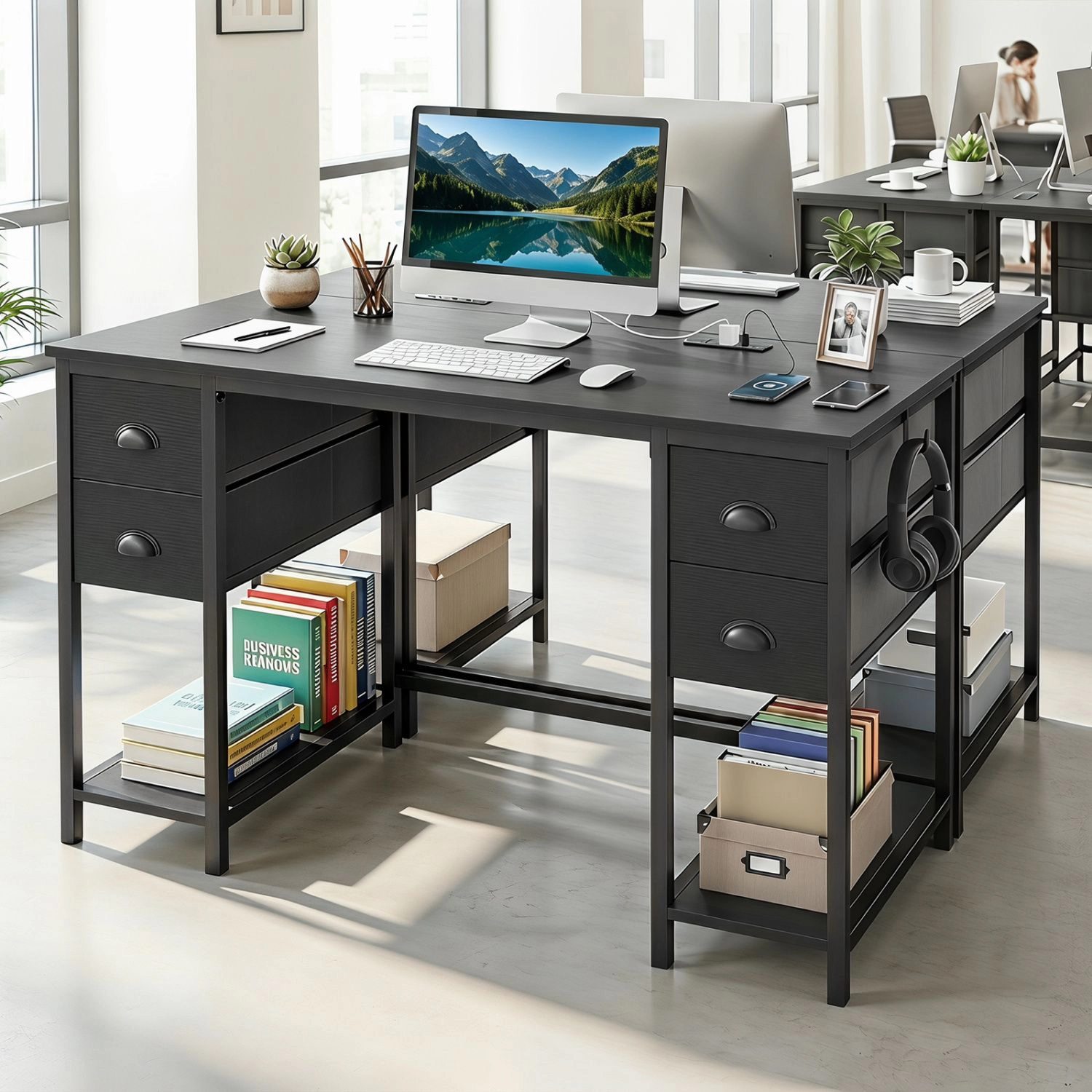 SlickBlue 48 Inch Computer Desk with Power Outlet and Drawers