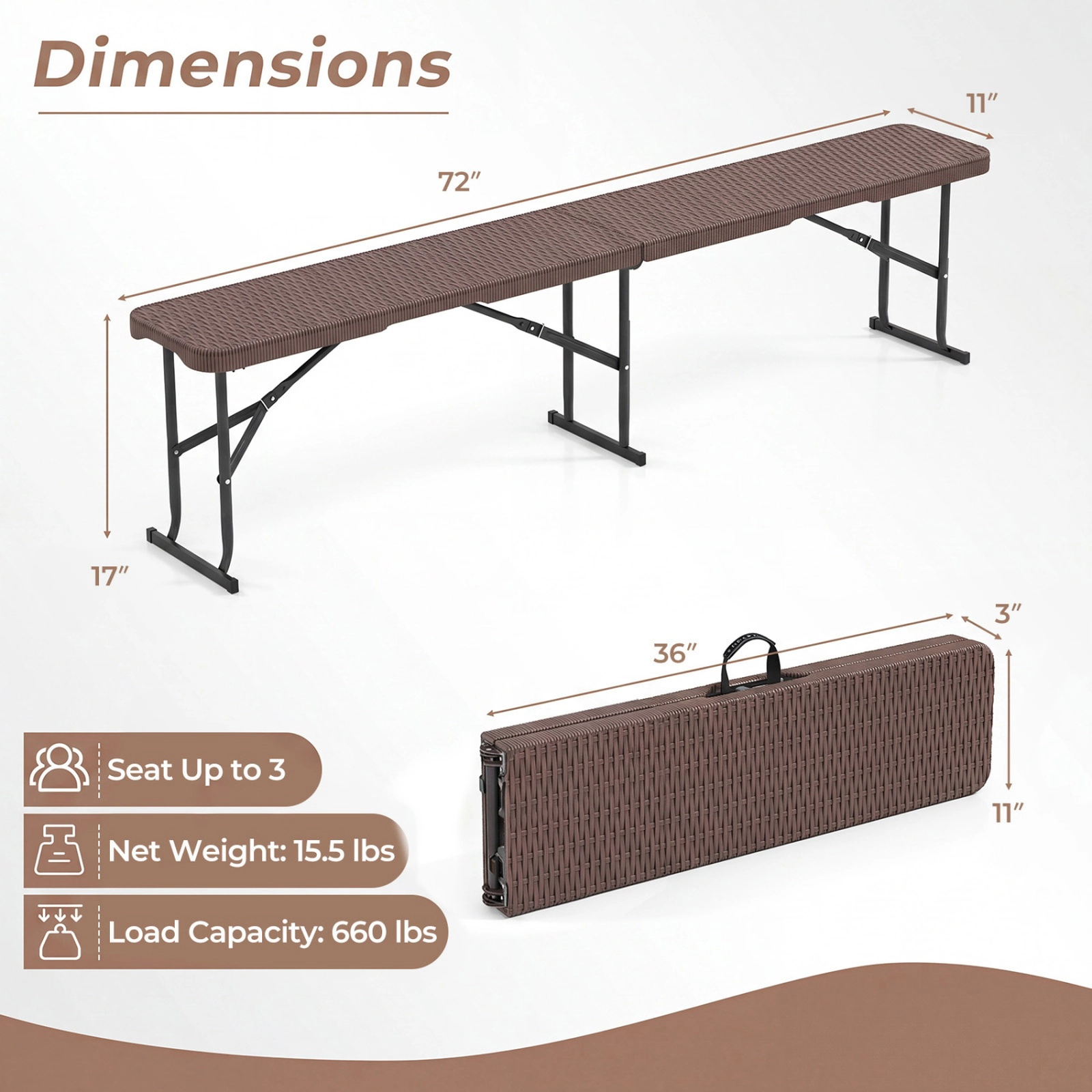SUGIFT 6-Ft Folding Bench, 660-Lb Capacity, 1.6-In HDPE Seat, Metal Legs, Brown