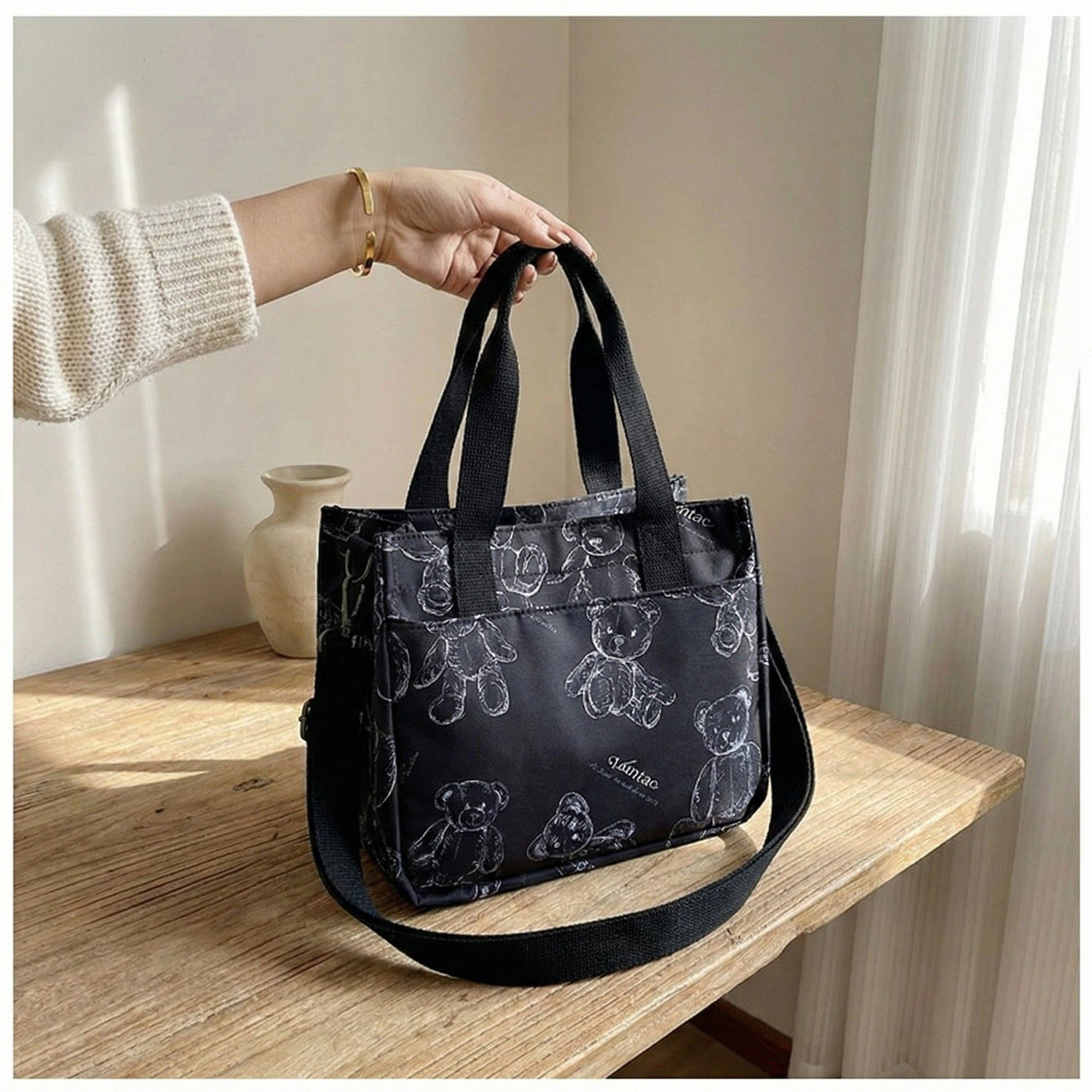 Alilang Women's Insulated Lunch Tote Bag with Teddy Bear Print Adjustable Shoulder Strap and Top Handles 8.6x10.3x6.7in